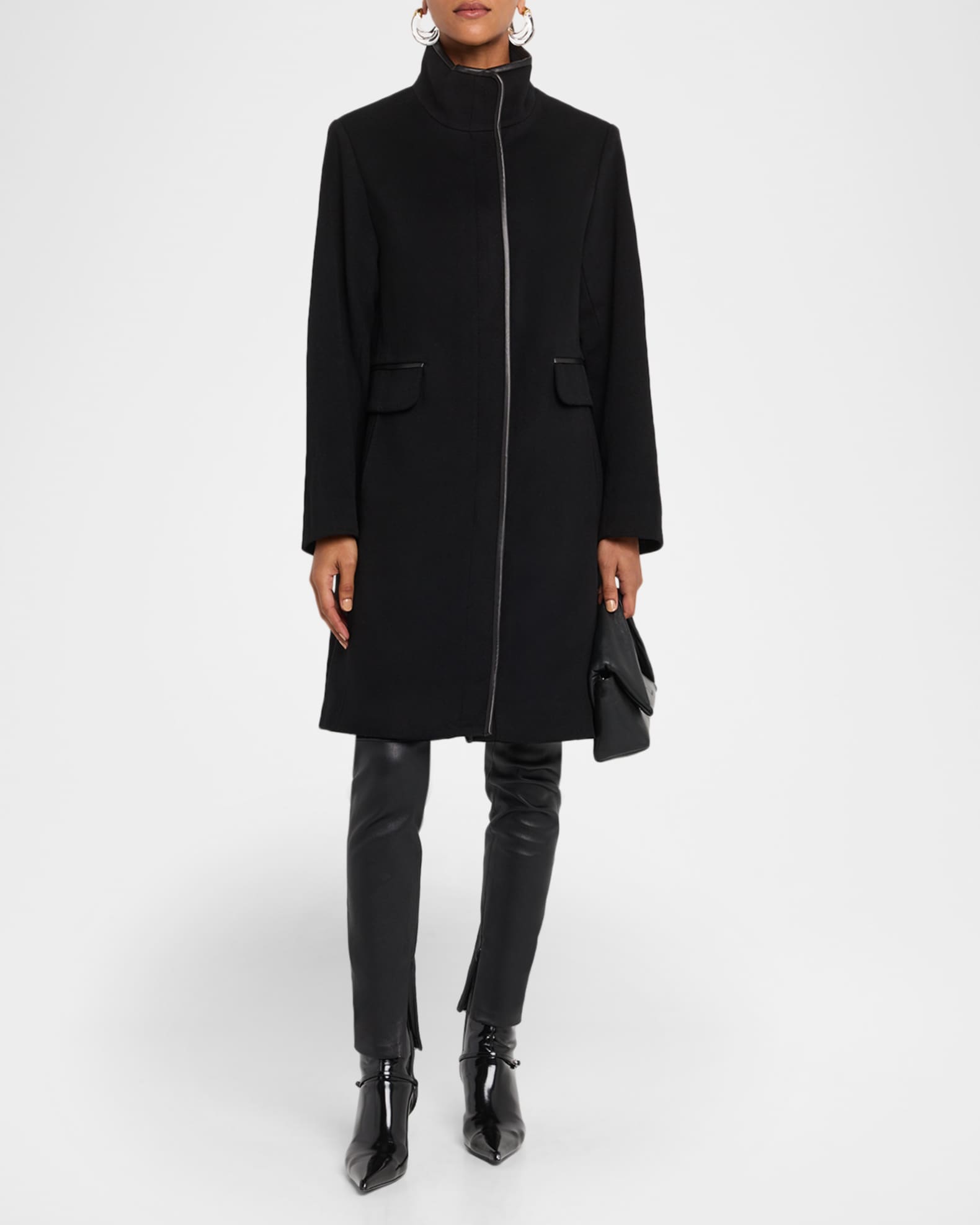 Fleurette Margaux Mid-Length Wool Coat with Leather Trim Neiman