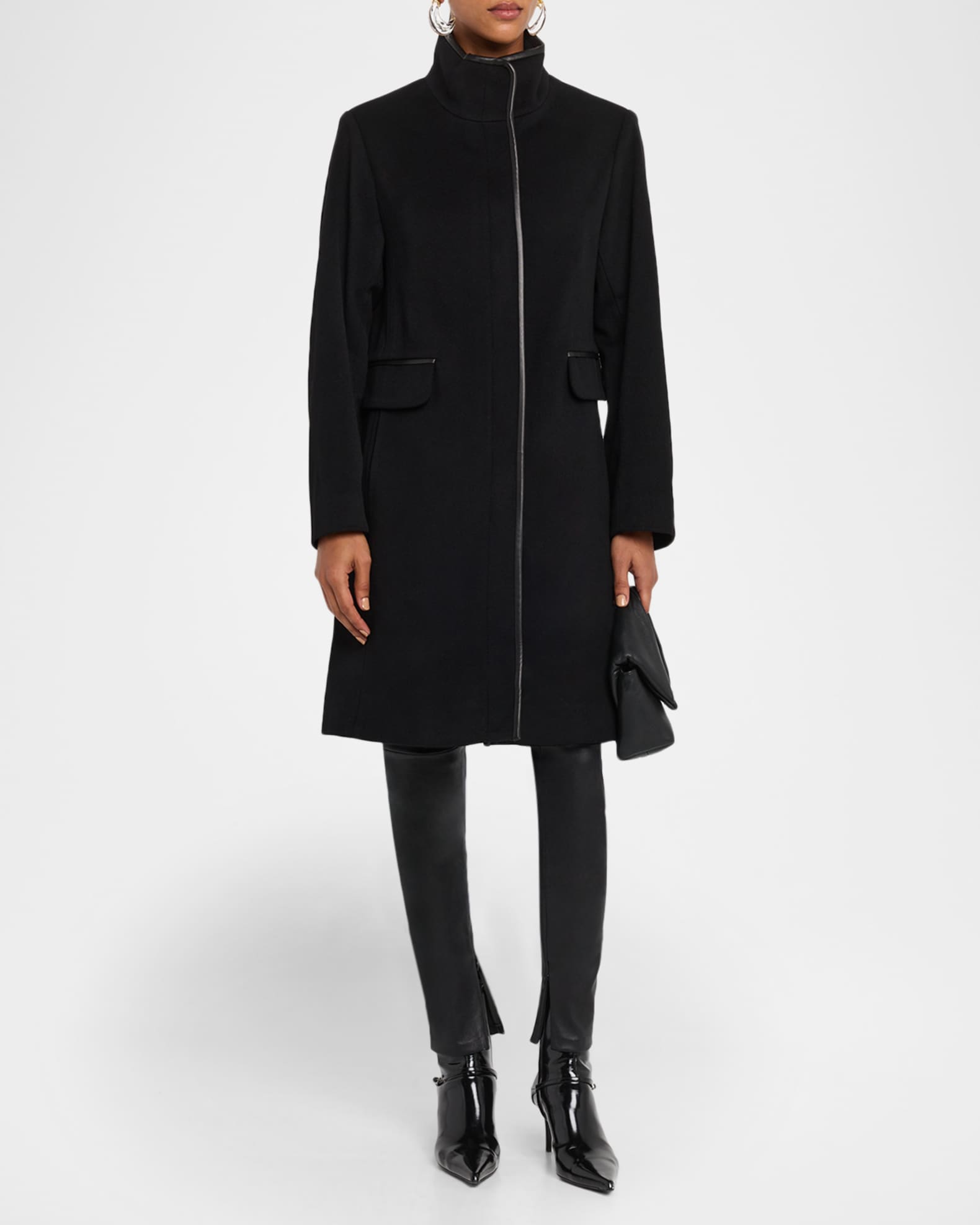 Fleurette Margaux Mid-Length Wool Coat with Leather Trim Neiman