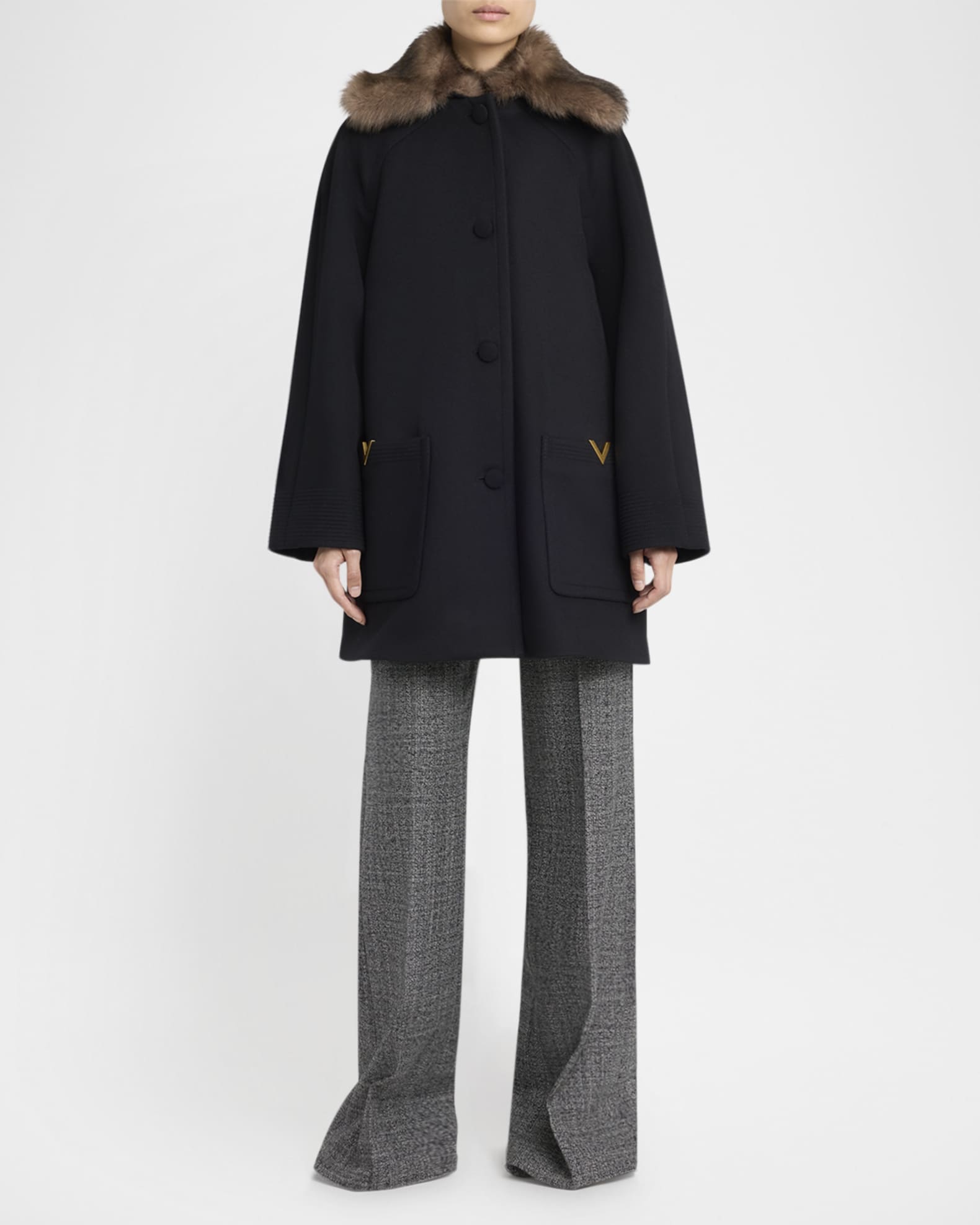 valentino garavani ウールモヘアコート　ブラック　レディース Valentino Garavani Sheep Shearling Collar Single-Breasted Wool