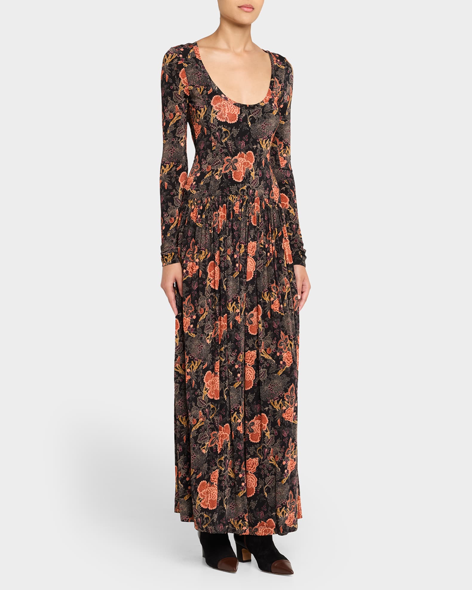 Ulla Johnson Amal Printed Long-Sleeve Jersey Maxi Dress, Night Lily, Women's, L, Casual & Work Dresses Maxi Dresses