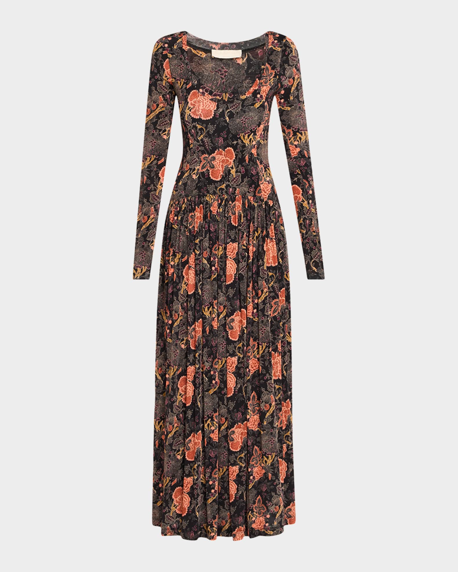 Ulla Johnson Amal Printed Long-Sleeve Jersey Maxi Dress, Night Lily, Women's, L, Casual & Work Dresses Maxi Dresses