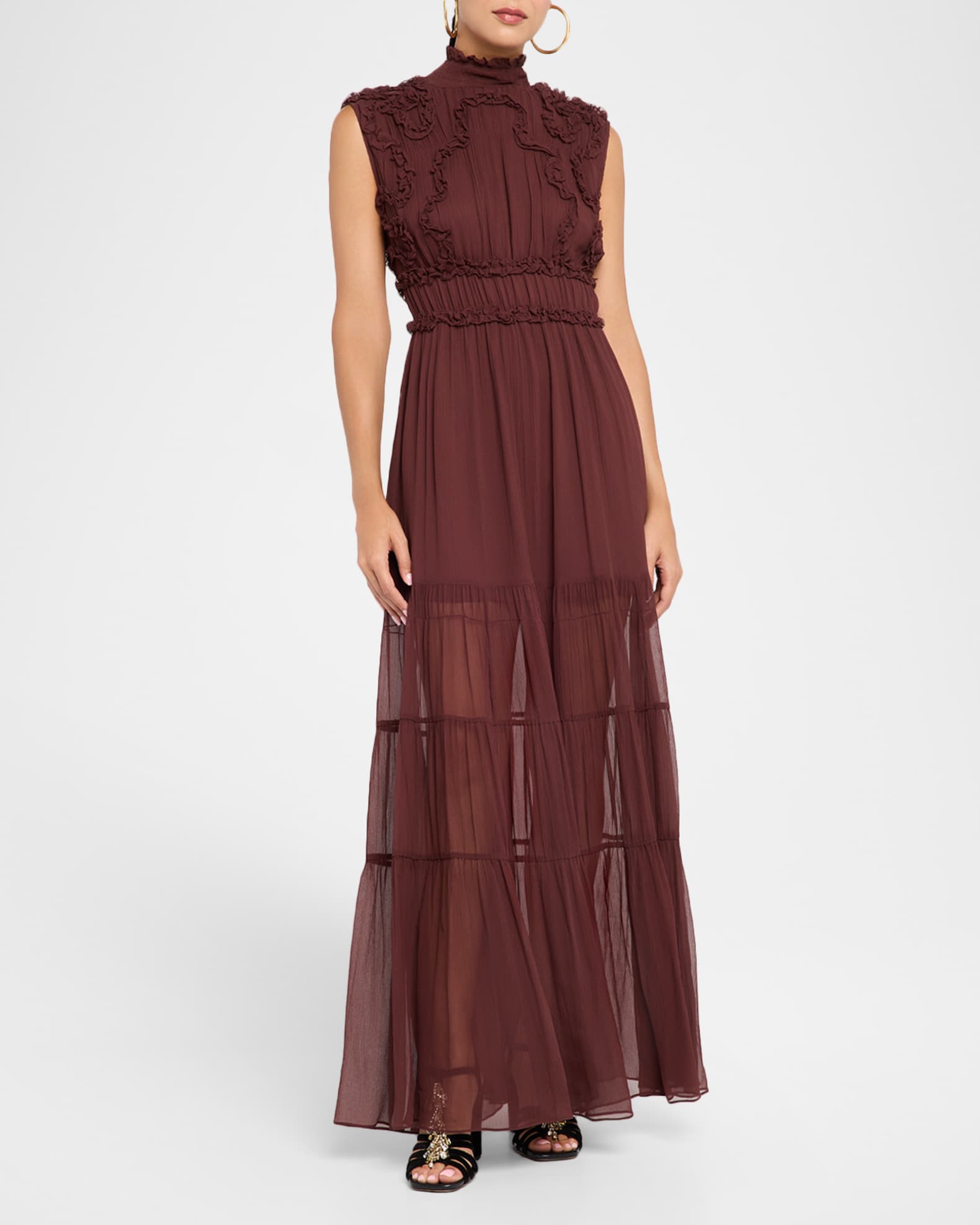 Verona Smocked Silk Turtleneck Gown
