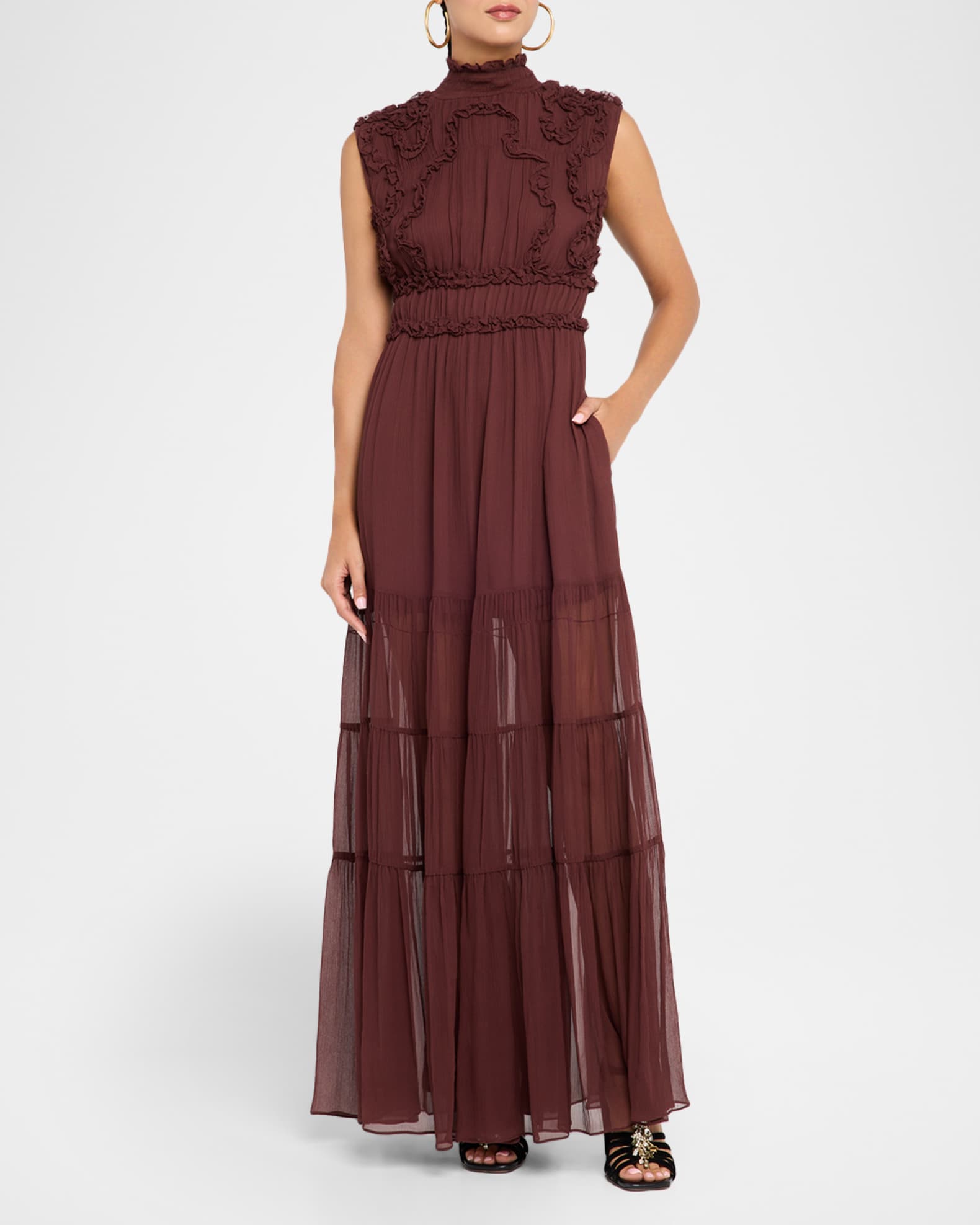 Verona Smocked Silk Turtleneck Gown