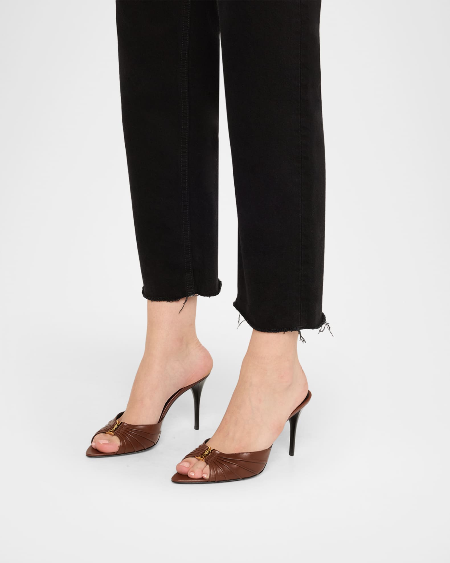 サンダル・ミュール SAINT LAURENT BROWN LEATHER BABYLONE SANDALS Saint Laurent Babylone YSL Ruched Leather Mule Sandals