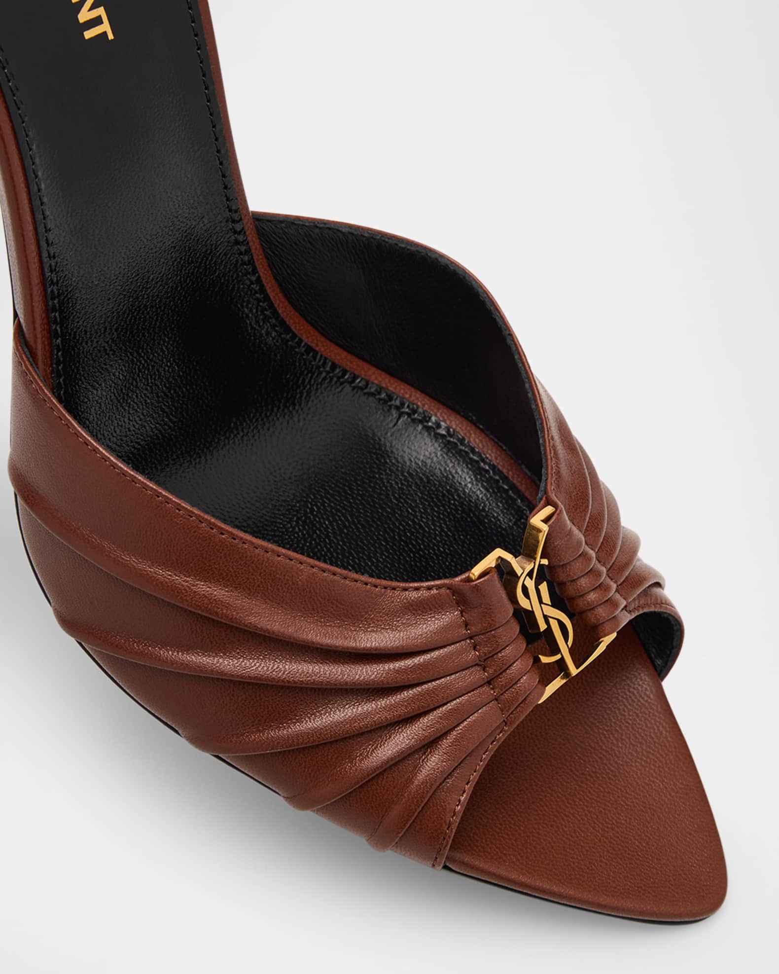 サンダル・ミュール SAINT LAURENT BROWN LEATHER BABYLONE SANDALS Saint Laurent Babylone YSL Ruched Leather Mule Sandals