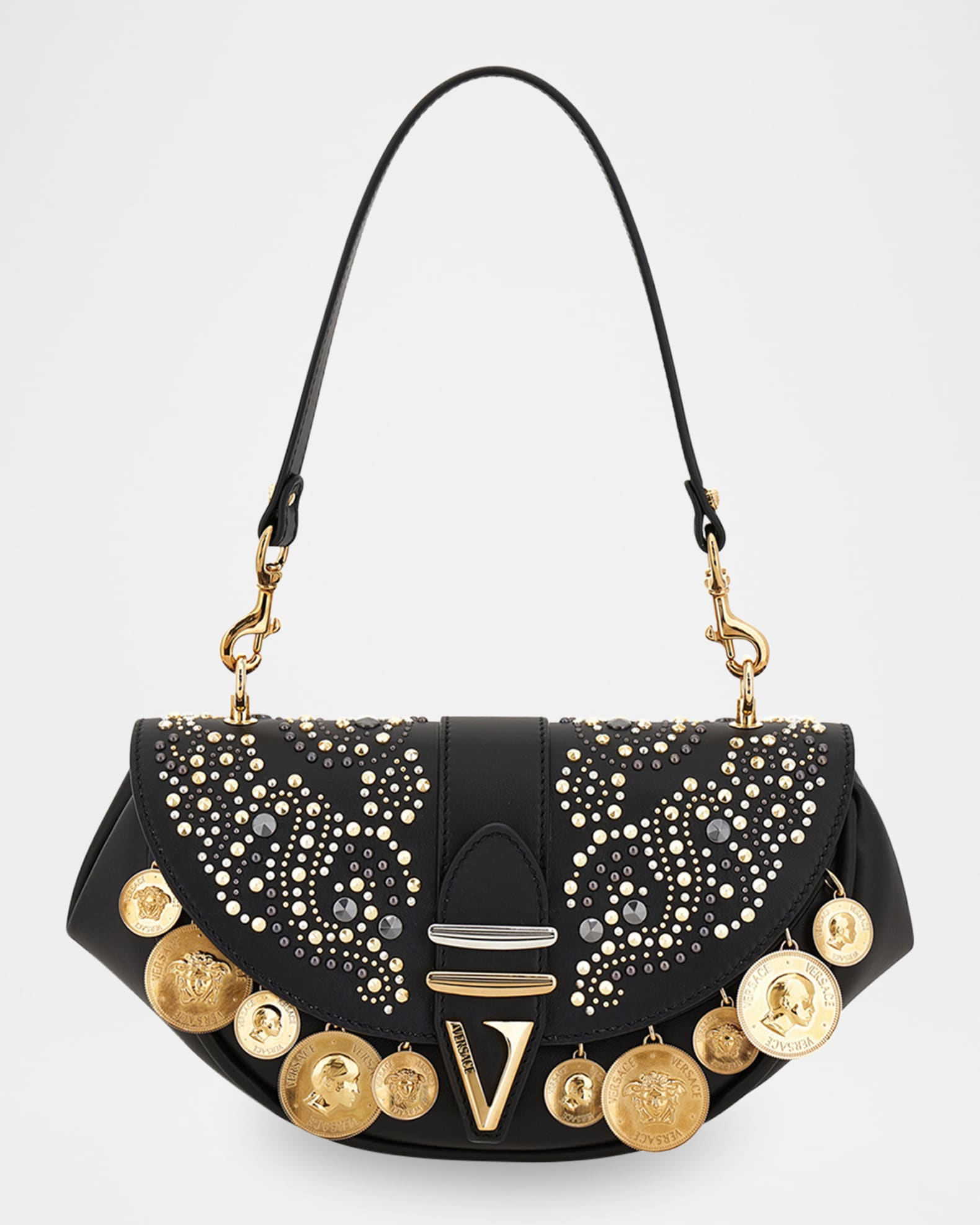Versace Virtus Medium Coin-Embellished Leather Shoulder Bag