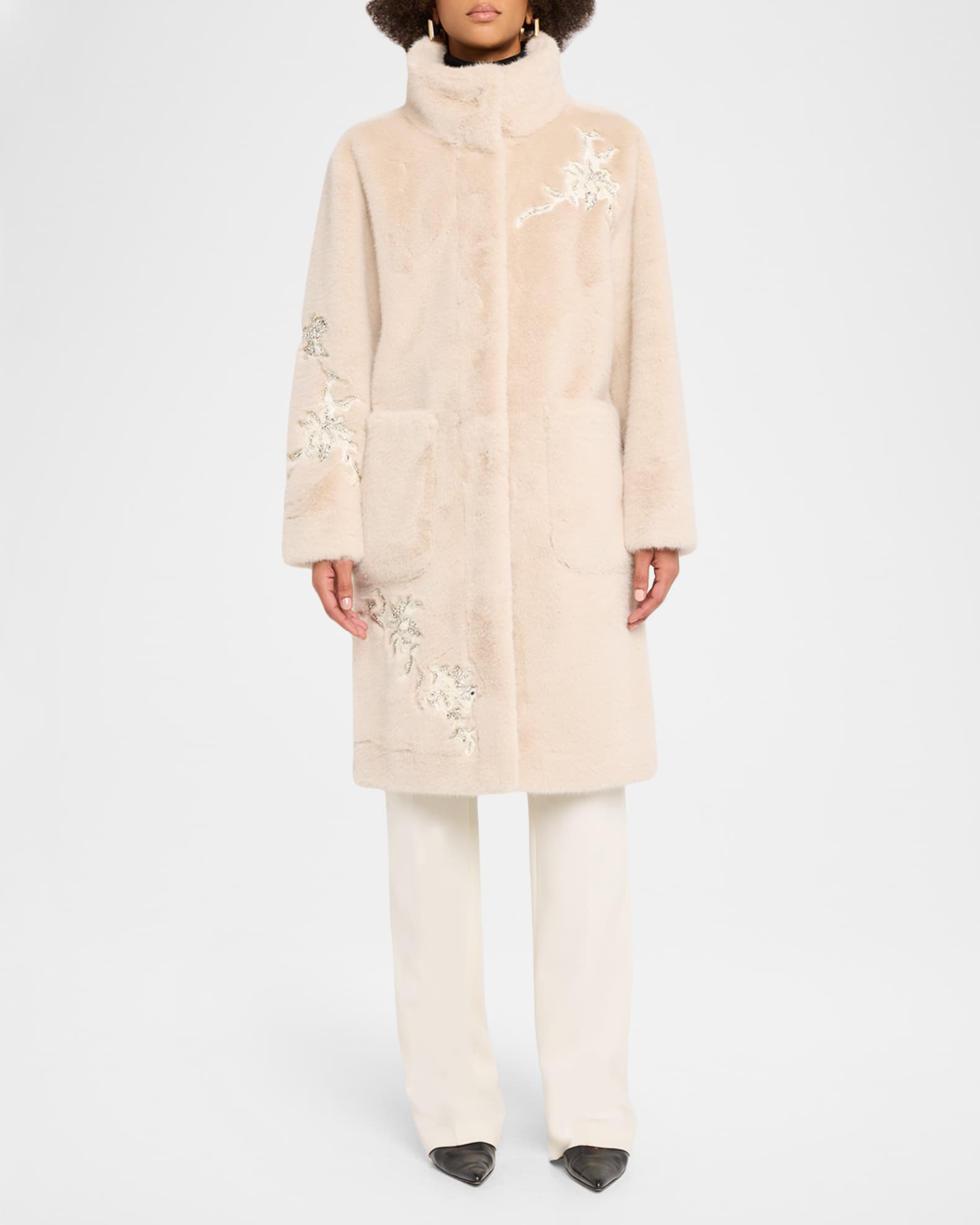 Peggy Crystal Applique Faux Fur Coat | Neiman Marcus