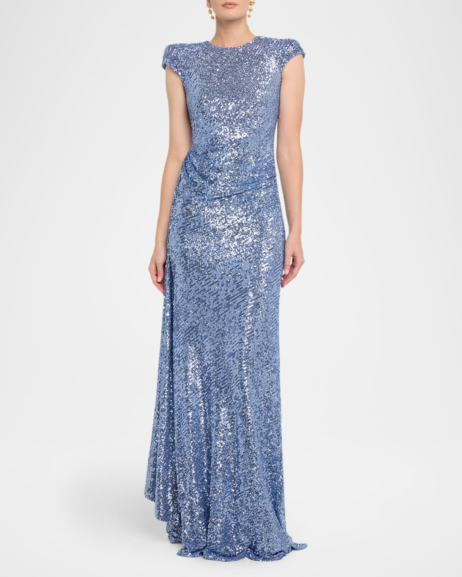 Draped Sequin Cap-Sleeve Gown 1
