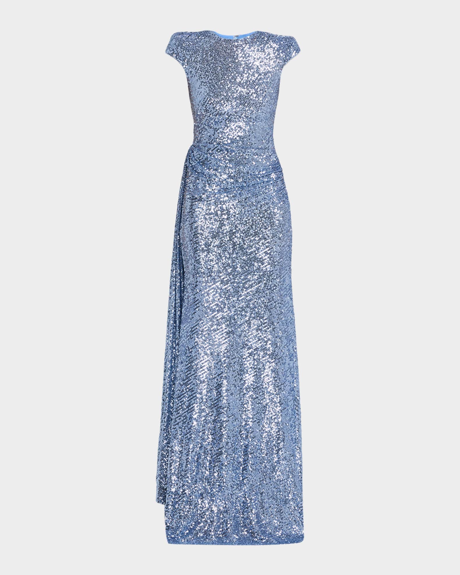 Draped Sequin Cap-Sleeve Gown 0