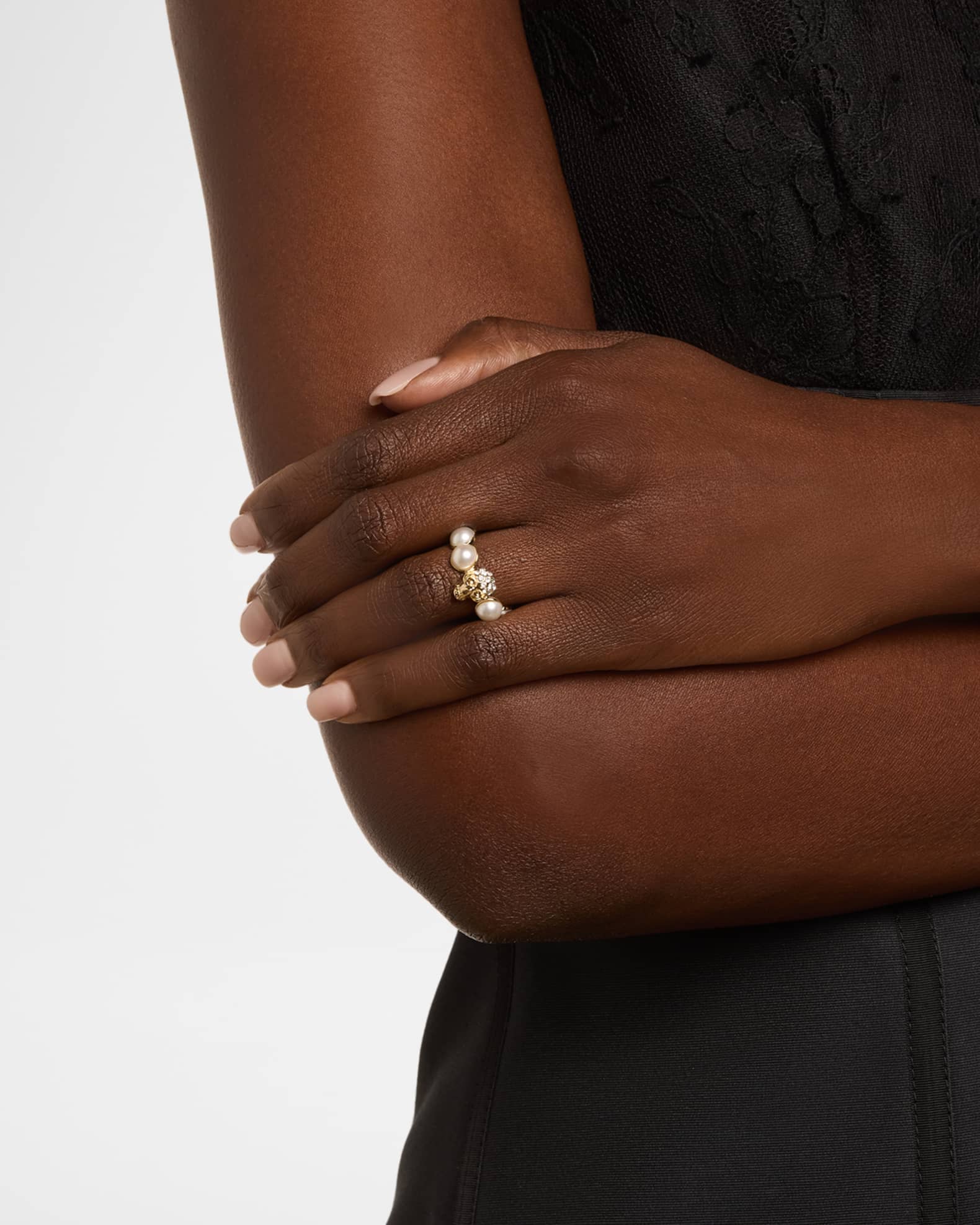 McQueen Crystal Skull and Pearly Ring | Neiman Marcus