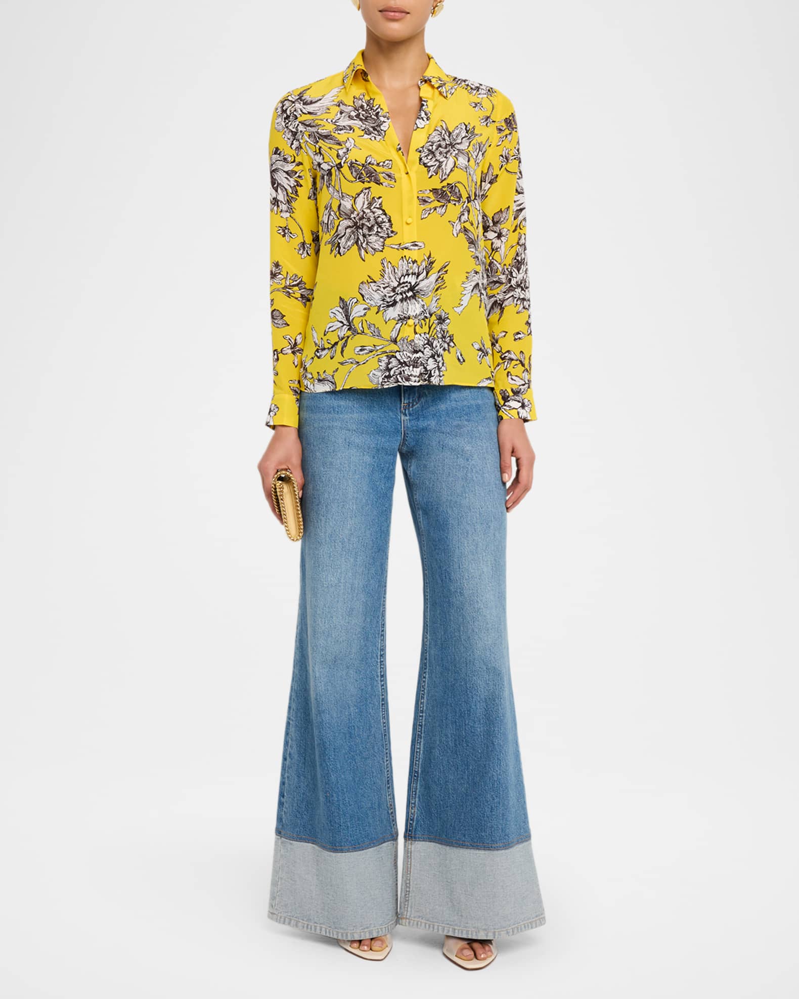 Eloise Blooming Wild Golden Button-Front Silk Blouse 1