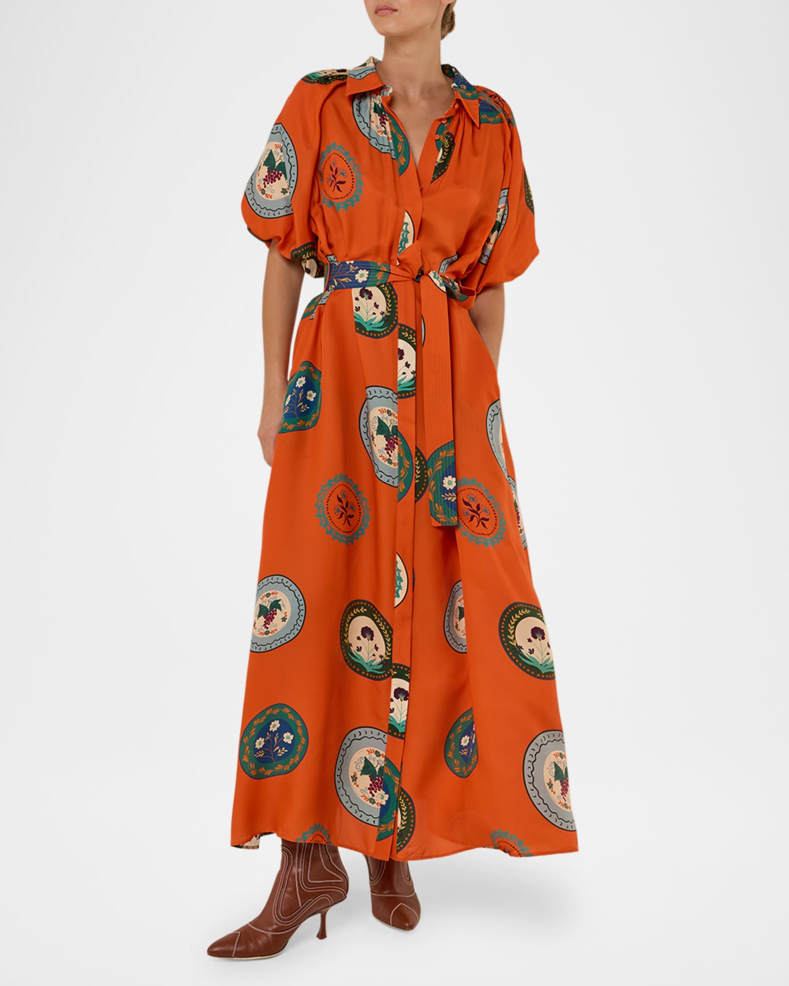 Carla Orange Plates Silk Twill Maxi Dress 1