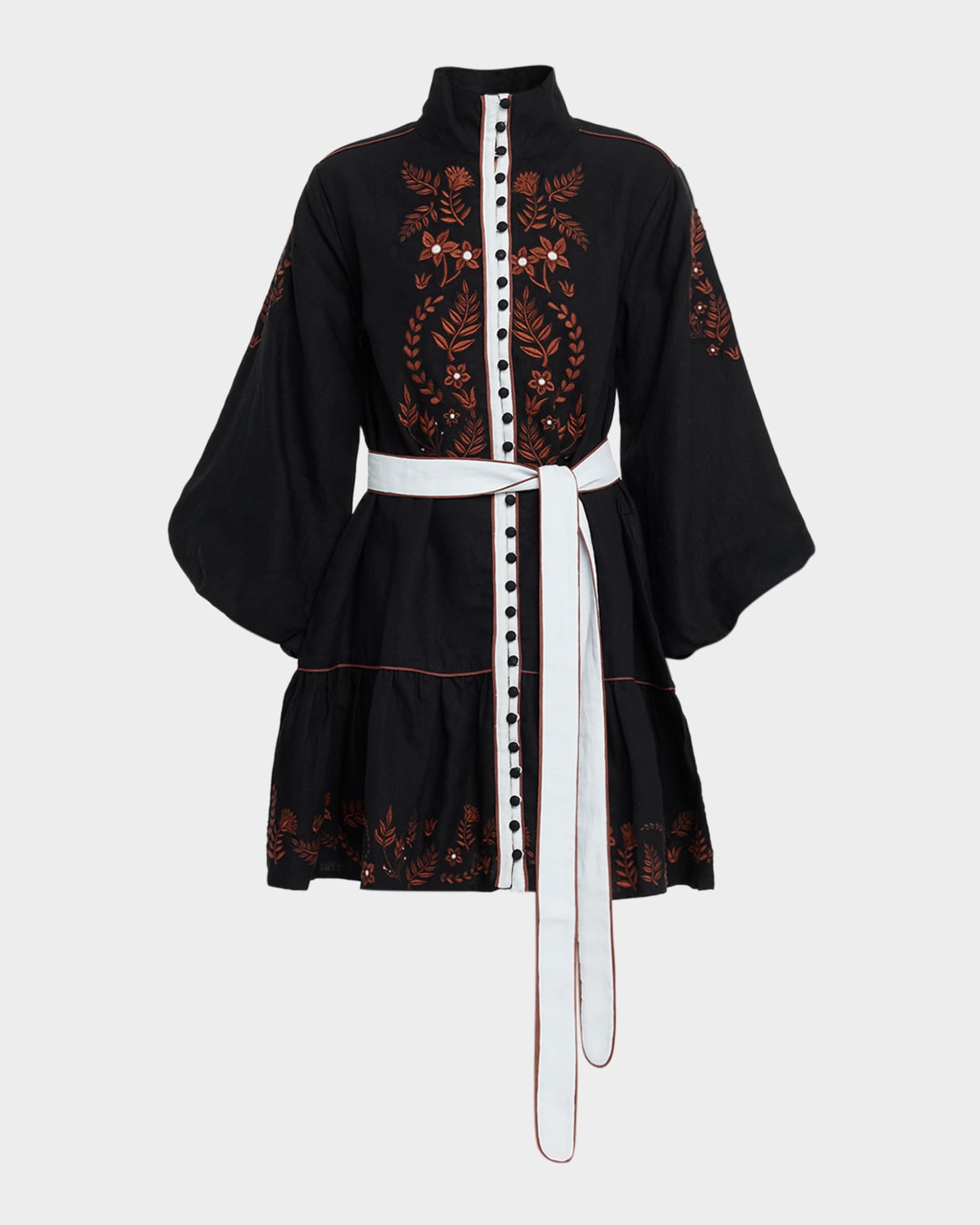 Rosewood Embroidered Flounce Linen Mini Dress 0