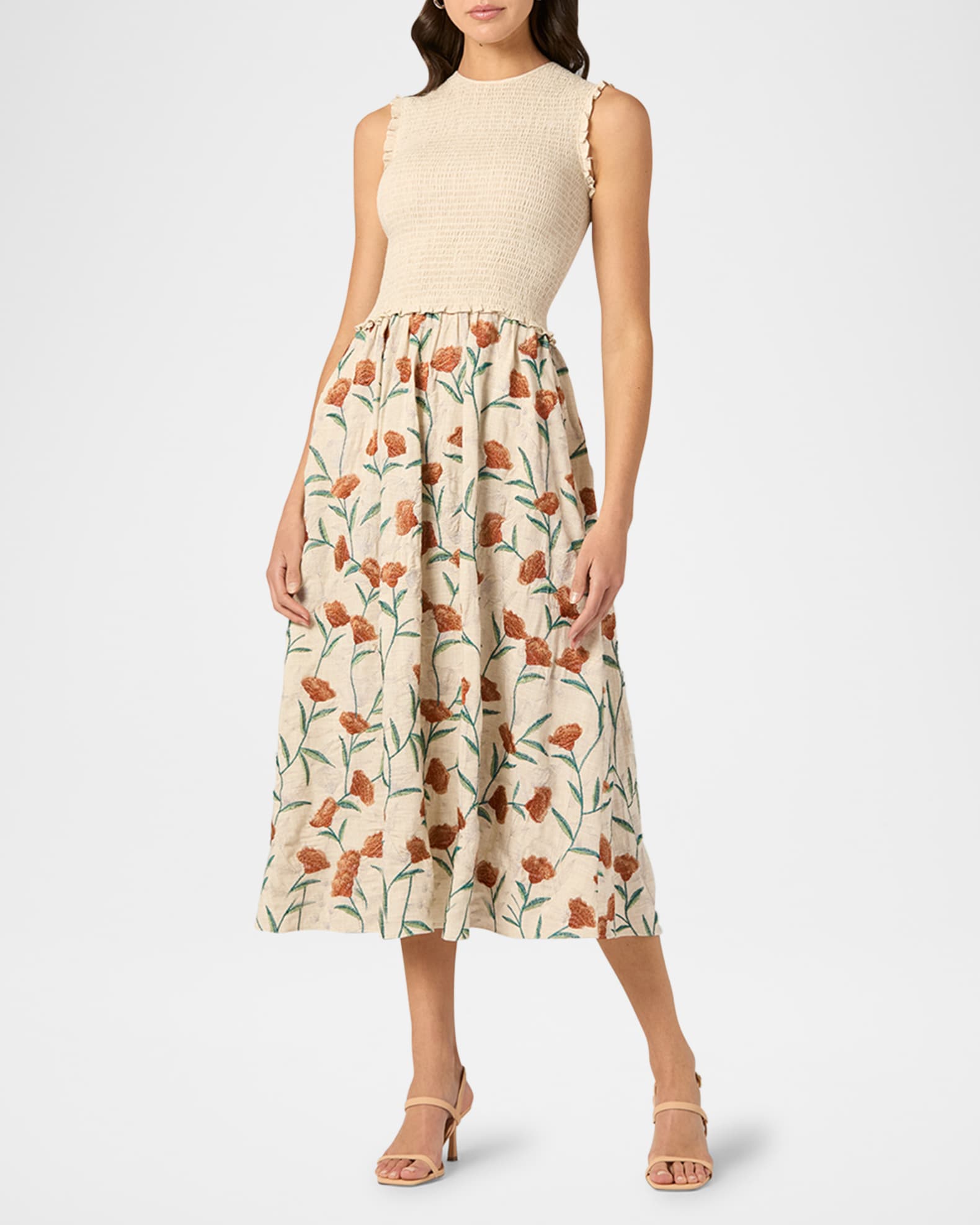 Roberta Smocked Floral-Embroidered Midi Dress 1