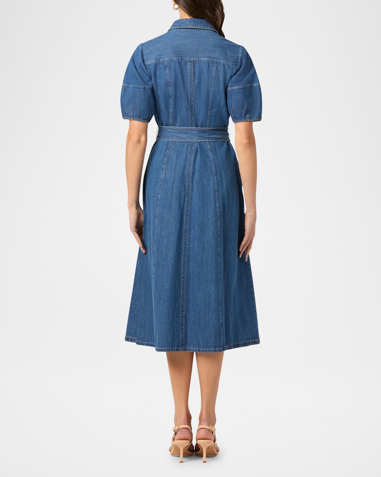 Shoshanna Mara Puff-Sleeve Denim Midi Shirtdress | Neiman Marcus