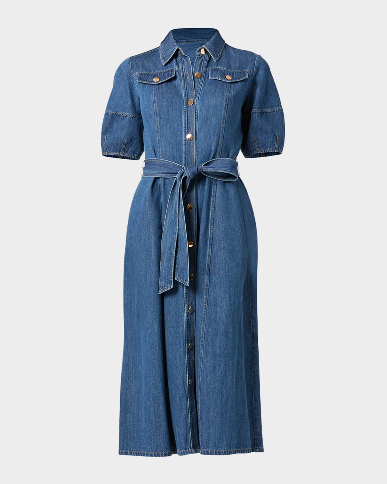 Mara Puff-Sleeve Denim Midi Shirtdress 0