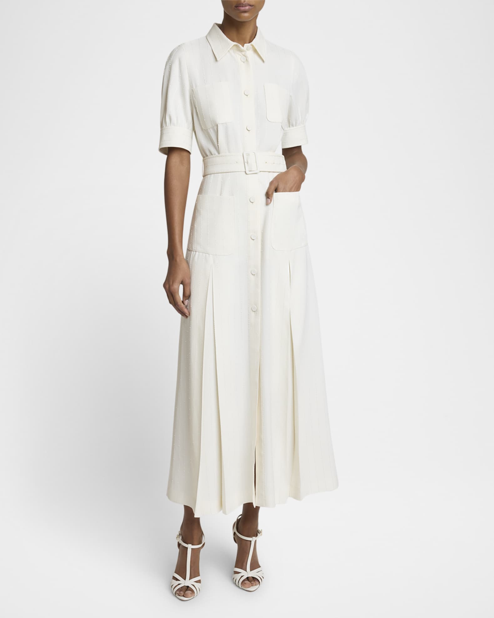 Pinstriped Cady Short-Sleeve Belted Midi Shirtdress 1