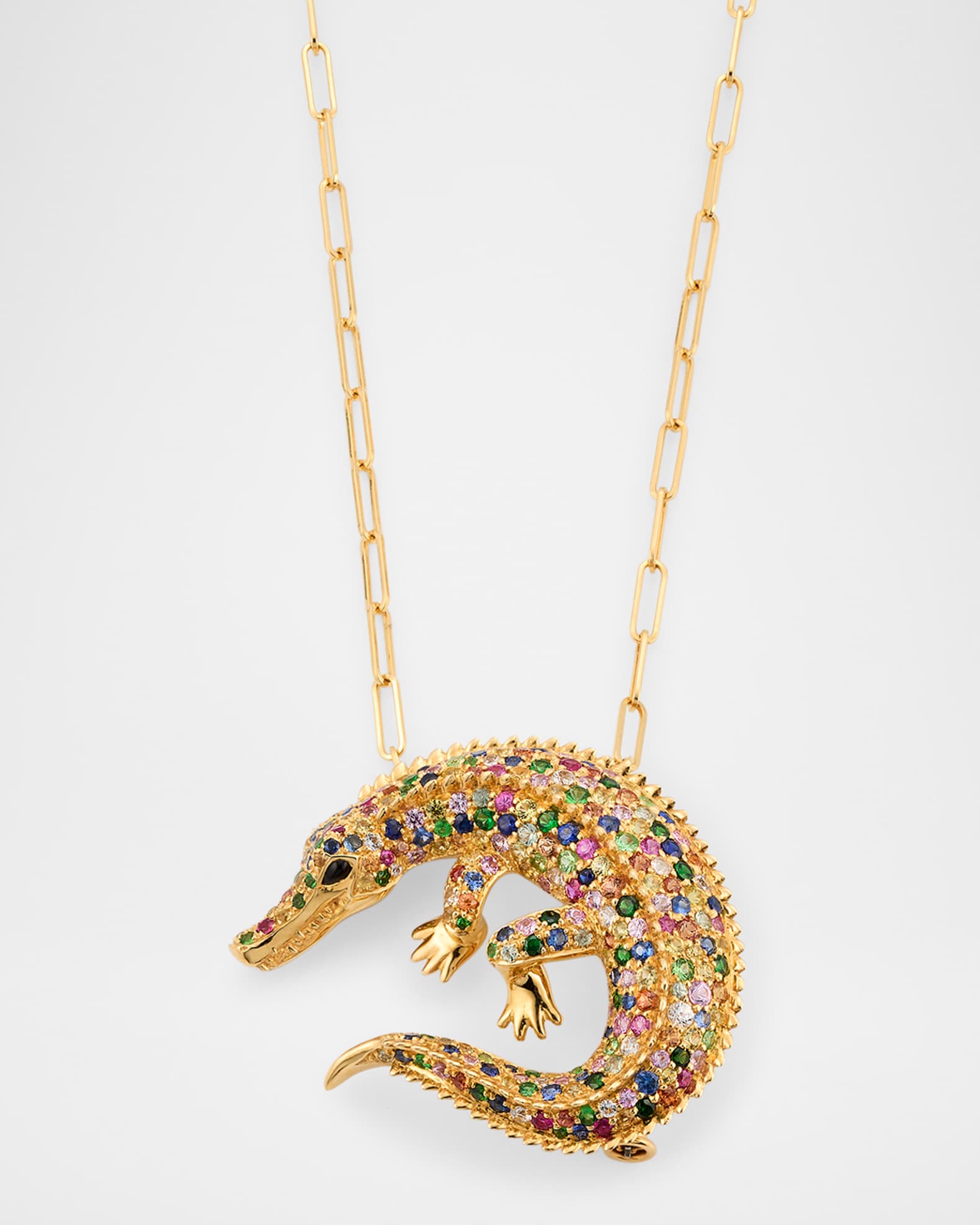 Ark 18K Yellow Gold Multi Sapphire and Onyx Crocodile Necklace with Convertible Brooch Pendant 0