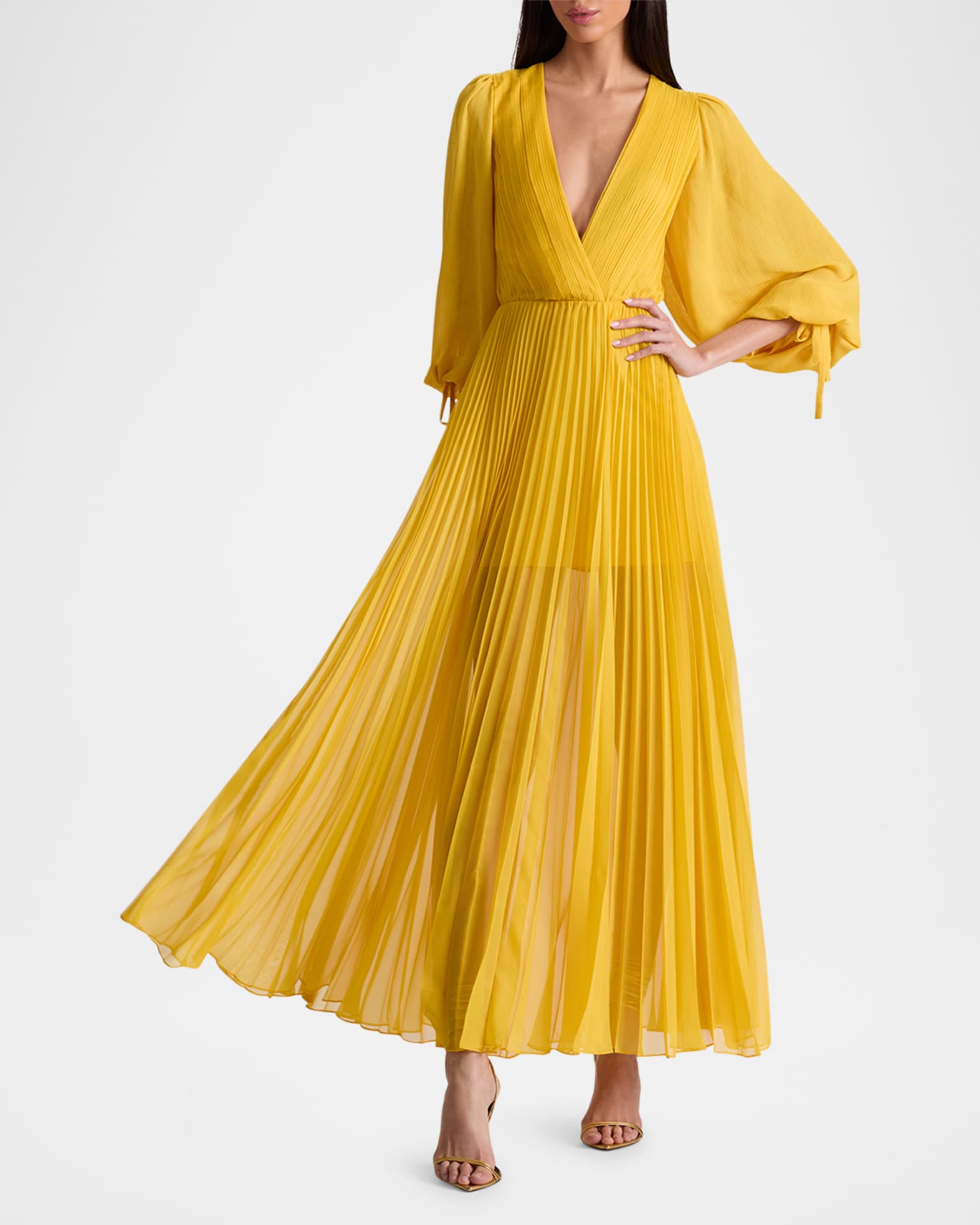 Nya Deep V Pleated Chiffon Maxi Dress