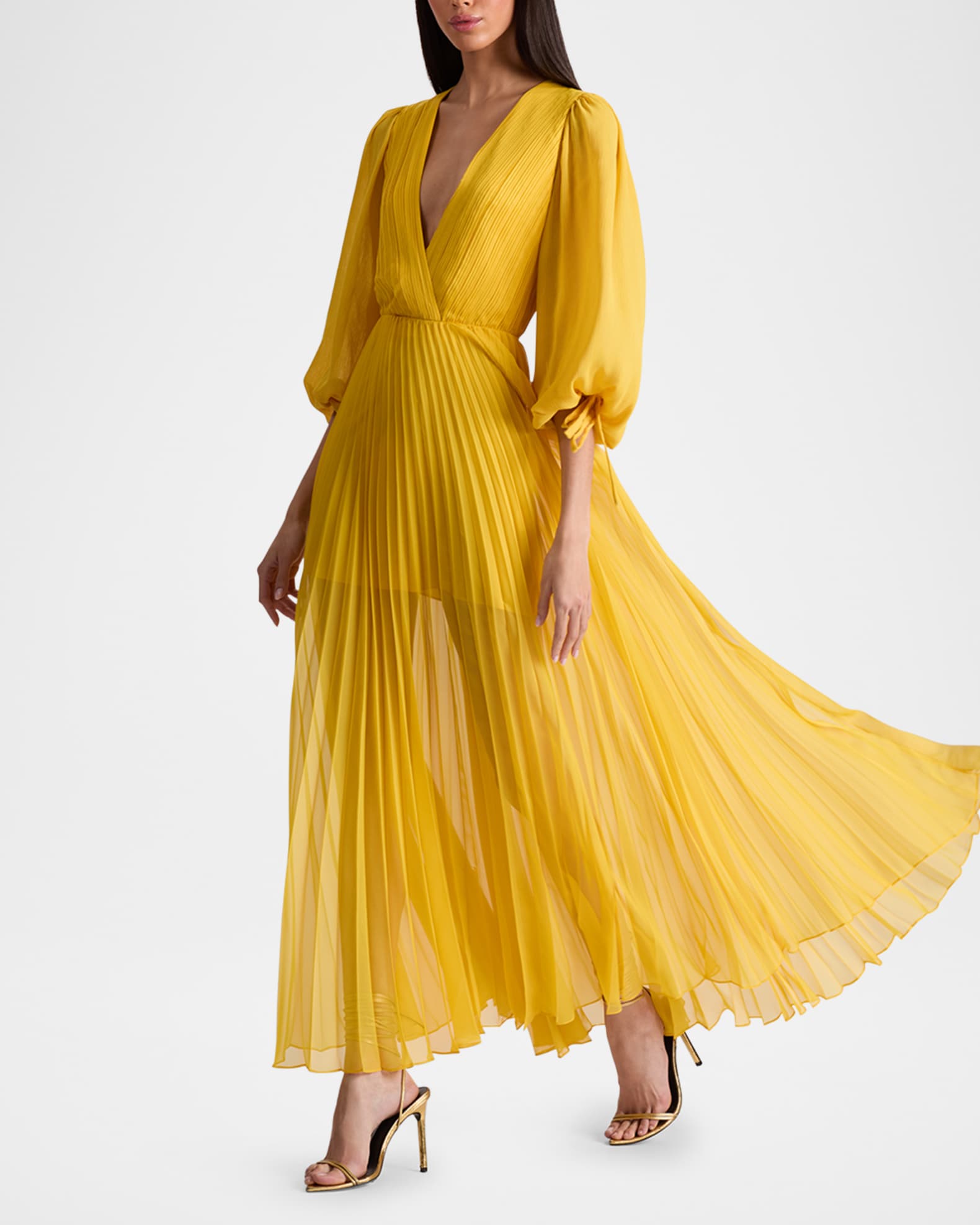 Alice + Olivia Nya Deep V Pleated Chiffon Maxi Dress