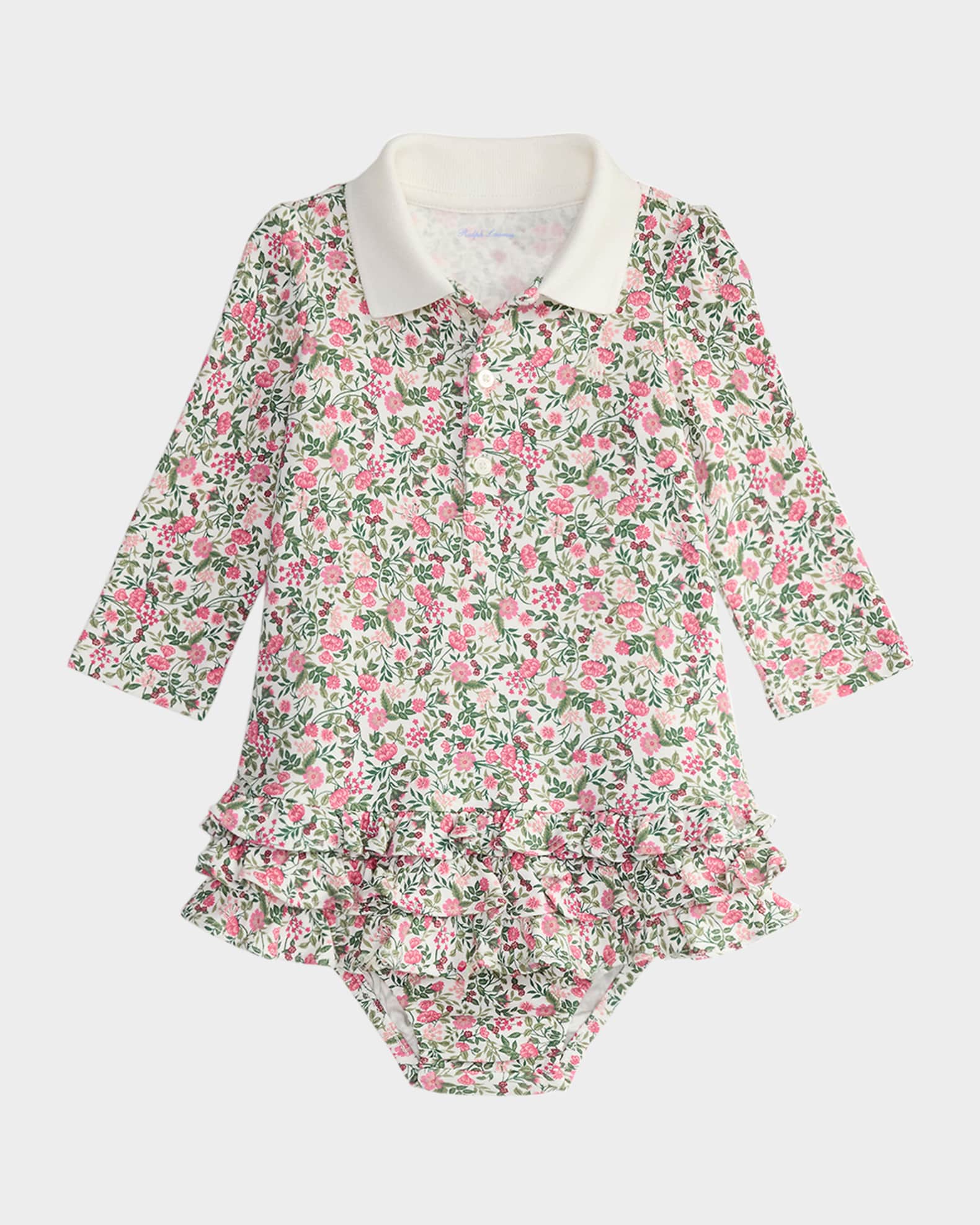 Girl's Floral Interlock Knit Long-Sleeve Polo Dress & Bloomers, Size 3M-24M 0