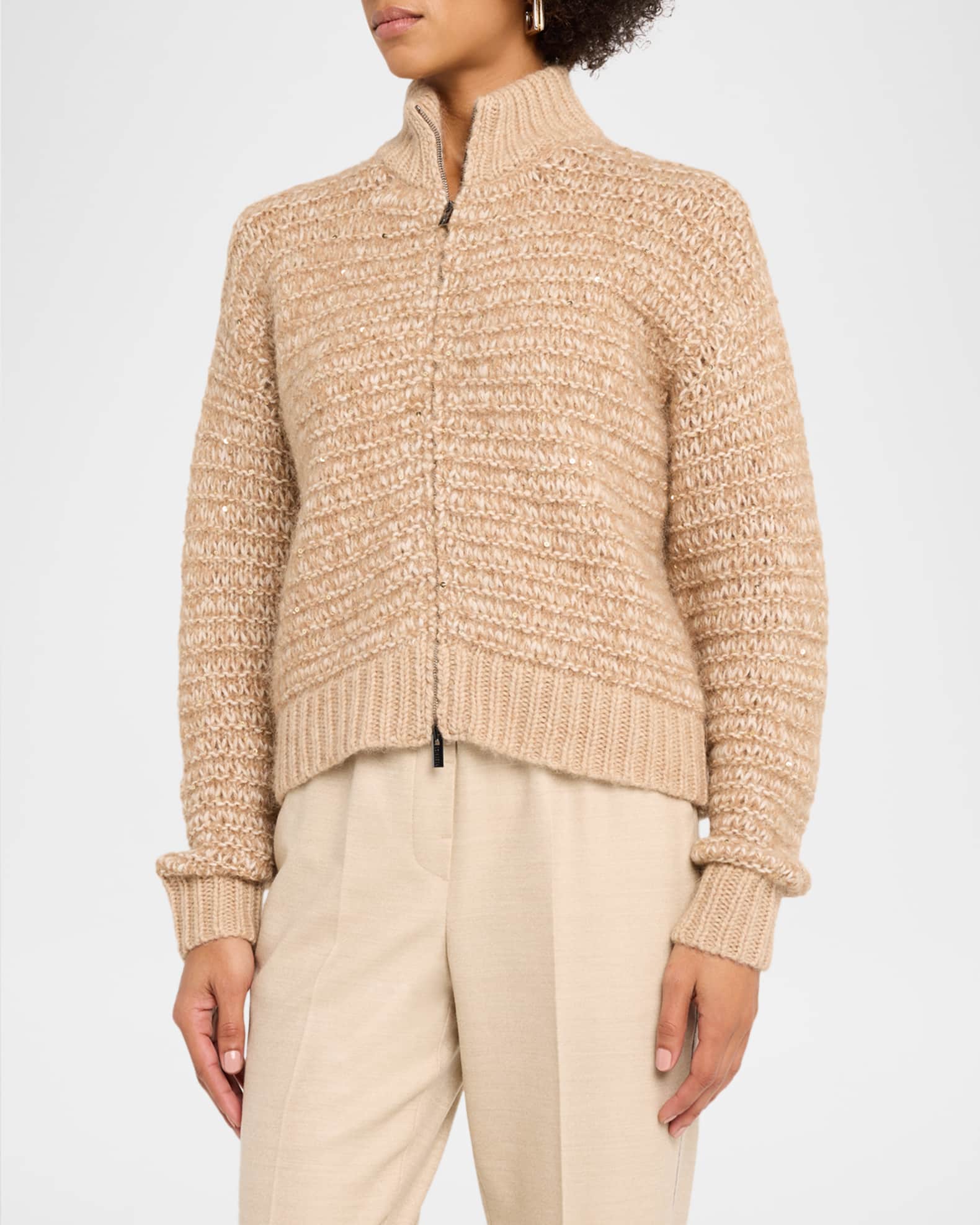★カシミヤお素材★PESERICO★ニット切替中綿ジャケット★ダブルジップ★ Peserico Alpaca-Blend Zip-Front Knit Jacket | Neiman Marcus