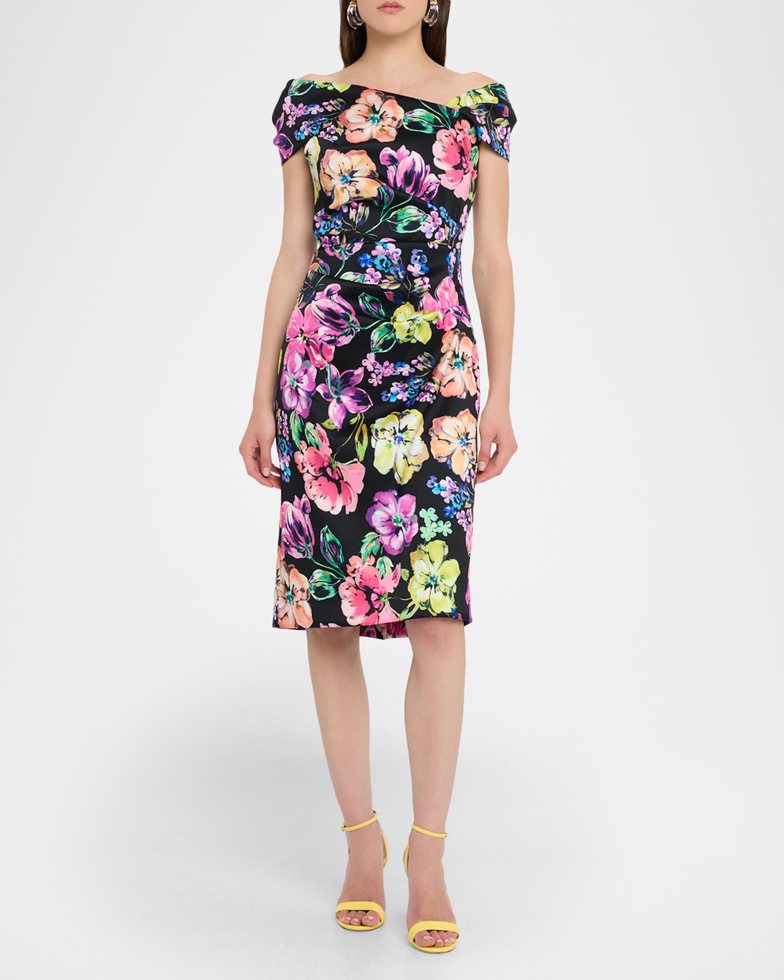 Rickie Freeman for Teri Jon Pleated FloralPrint Stretch Gazar Dress