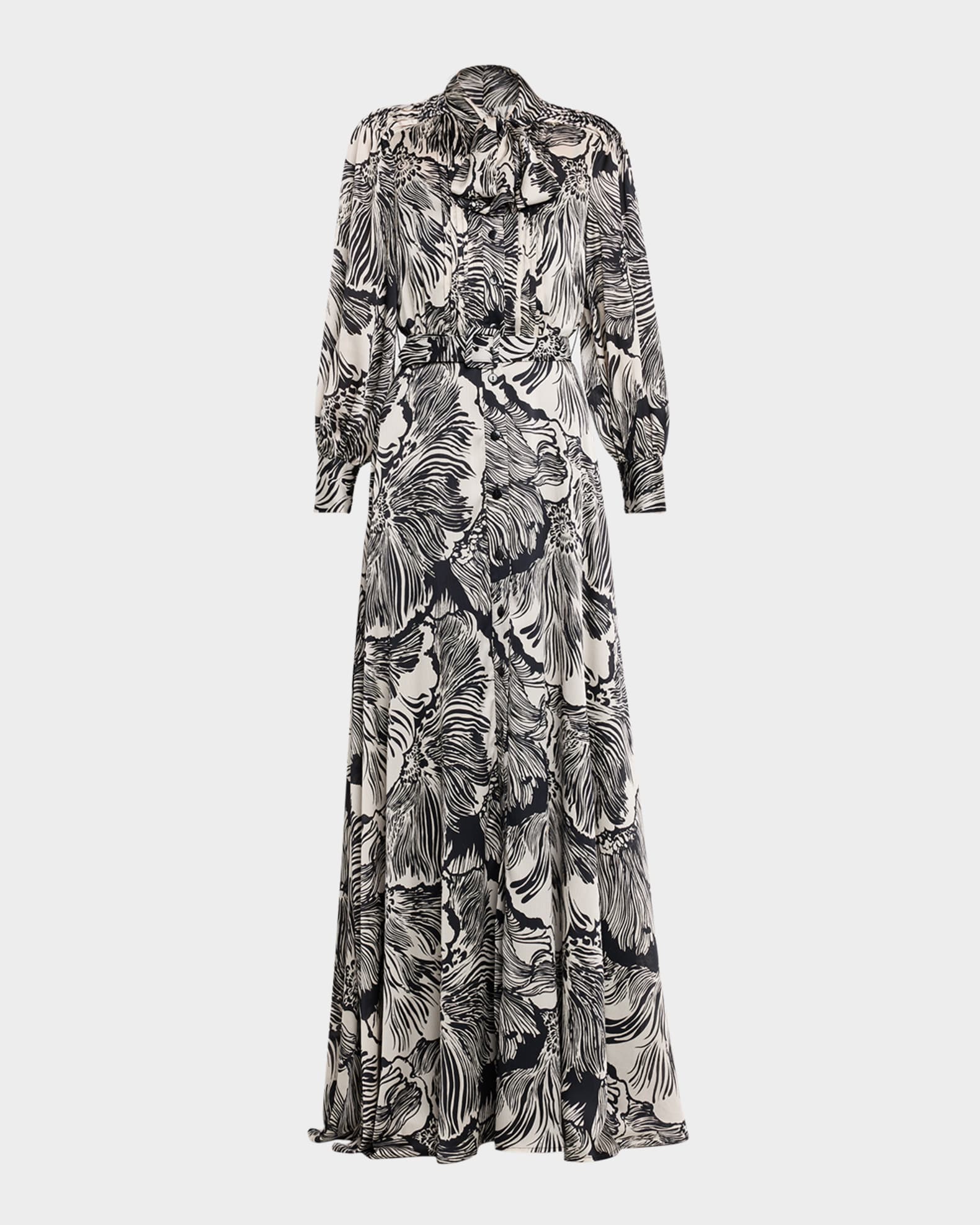Belted Floral-Print Twill Shirt Gown 0