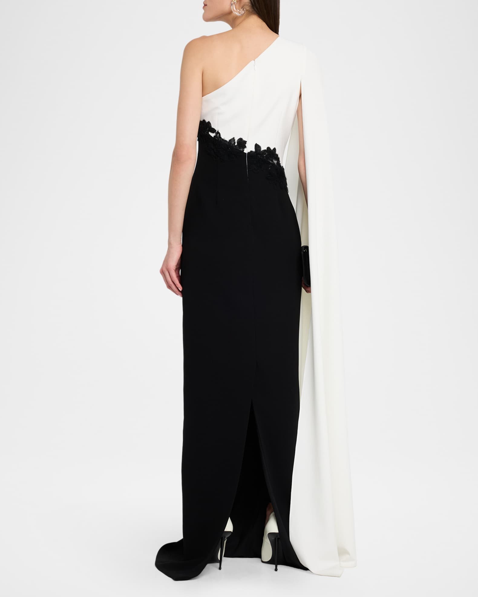 Teri Jon by Rickie Freeman Women's One-Shoulder Cape-Sleeve Gown - Black White - Size 18