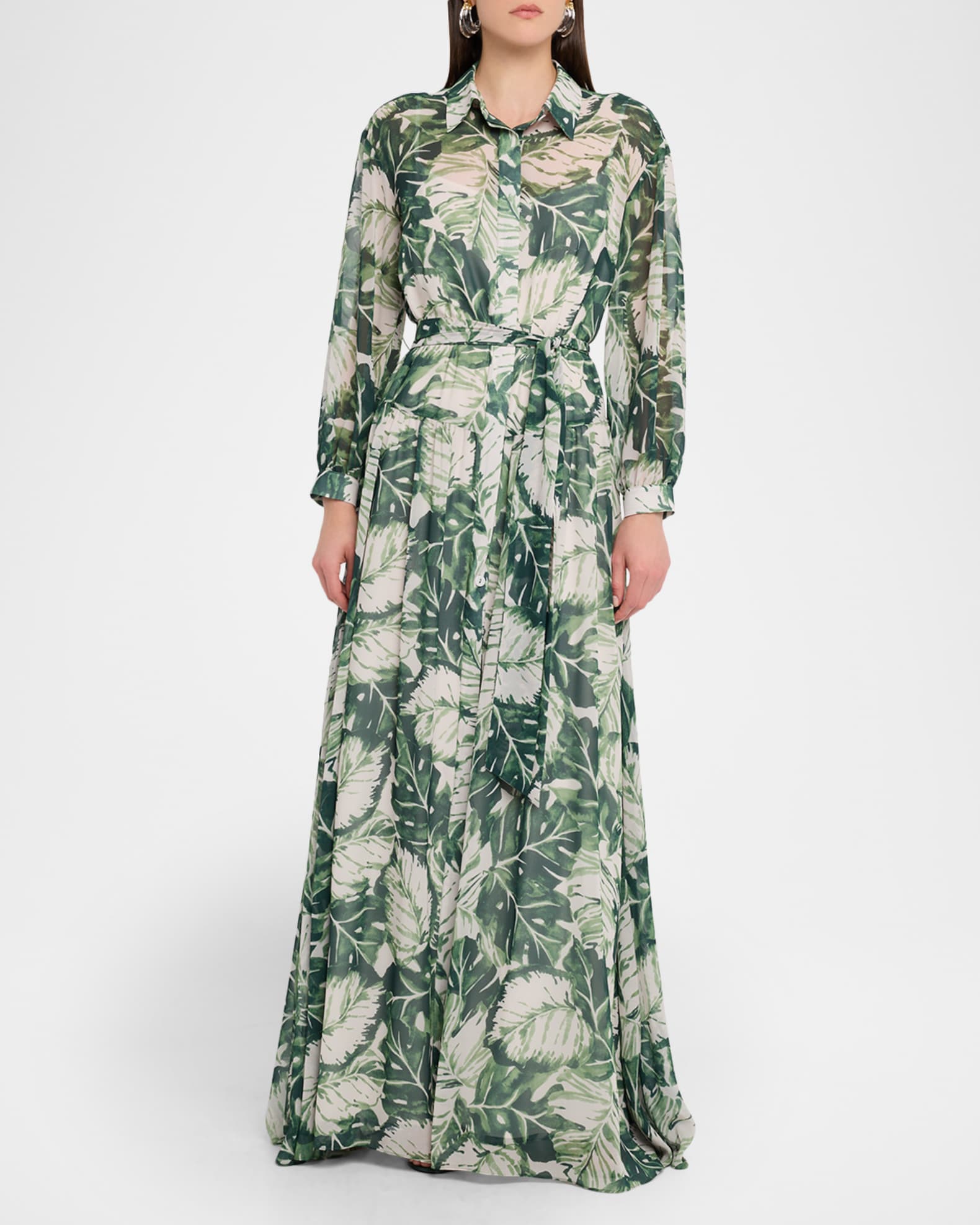 Botanical-Print Chiffon Shirt Gown 1