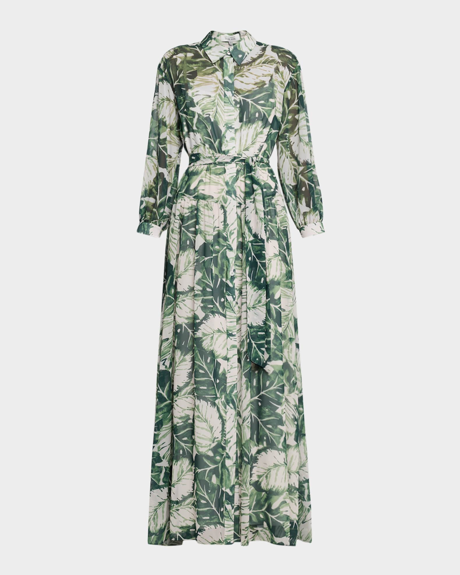 Botanical-Print Chiffon Shirt Gown 0