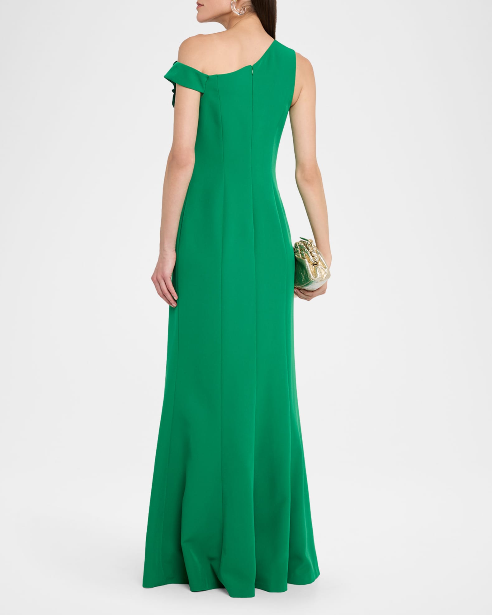Rickie Freeman for Teri Jon One-Shoulder Floral Applique Stretch Crepe Gown, Green, Women's, 12, One-Shoulder Gowns