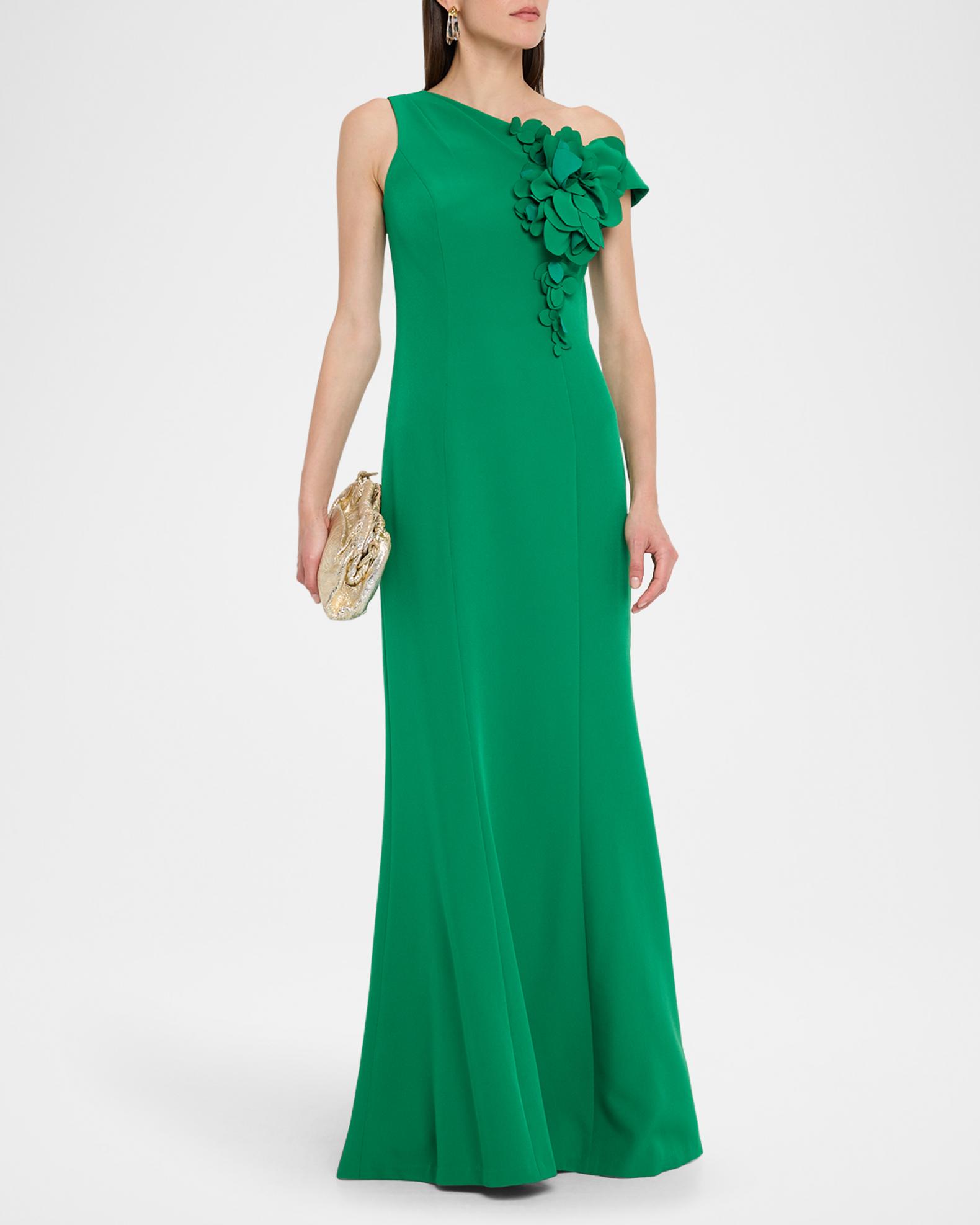 Rickie Freeman for Teri Jon One-Shoulder Floral Applique Stretch