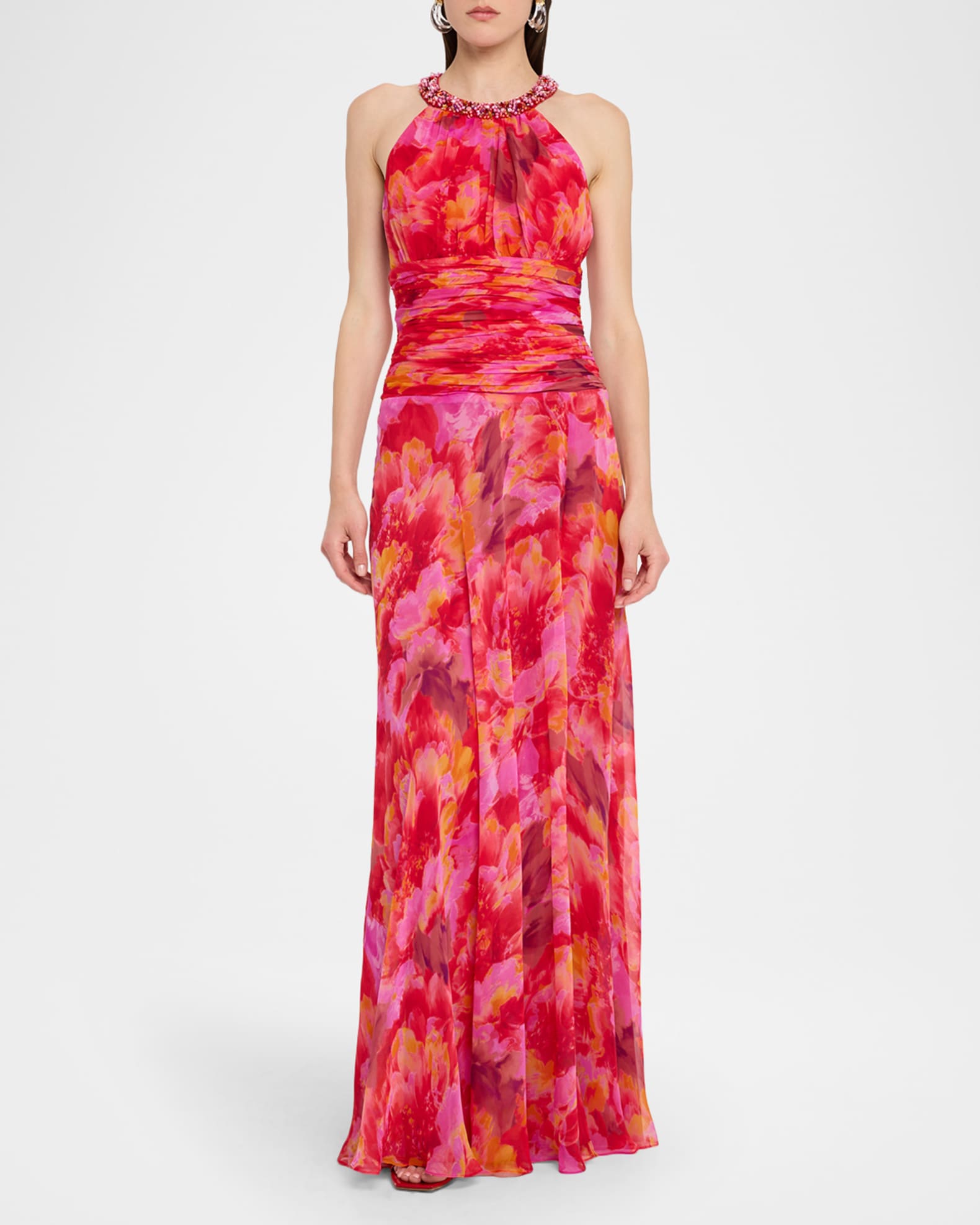 Beaded Floral-Print Chiffon Halter Gown 1