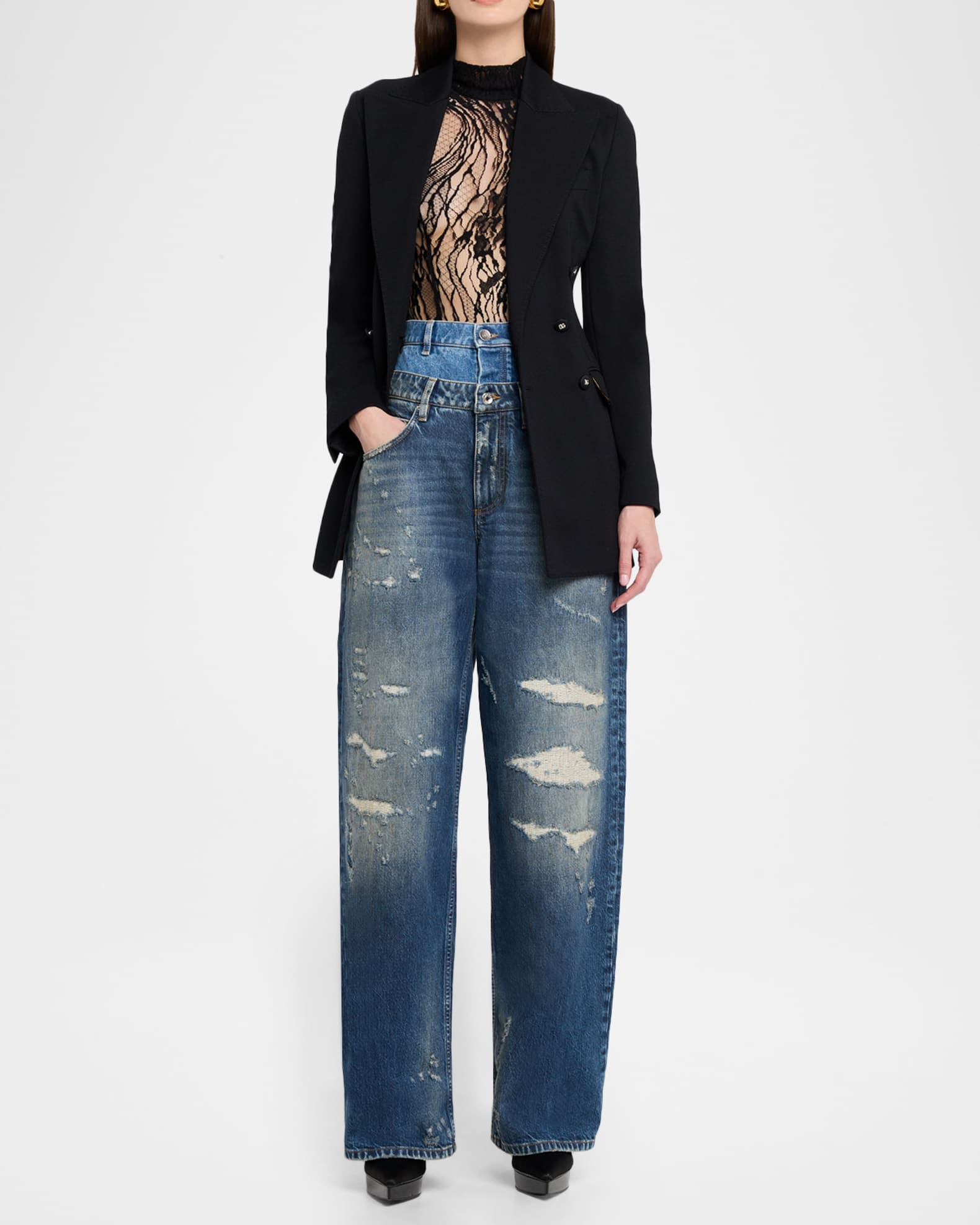 Dolce&Gabbana High-Rise Double Waistband Wide-Leg Distressed Jeans