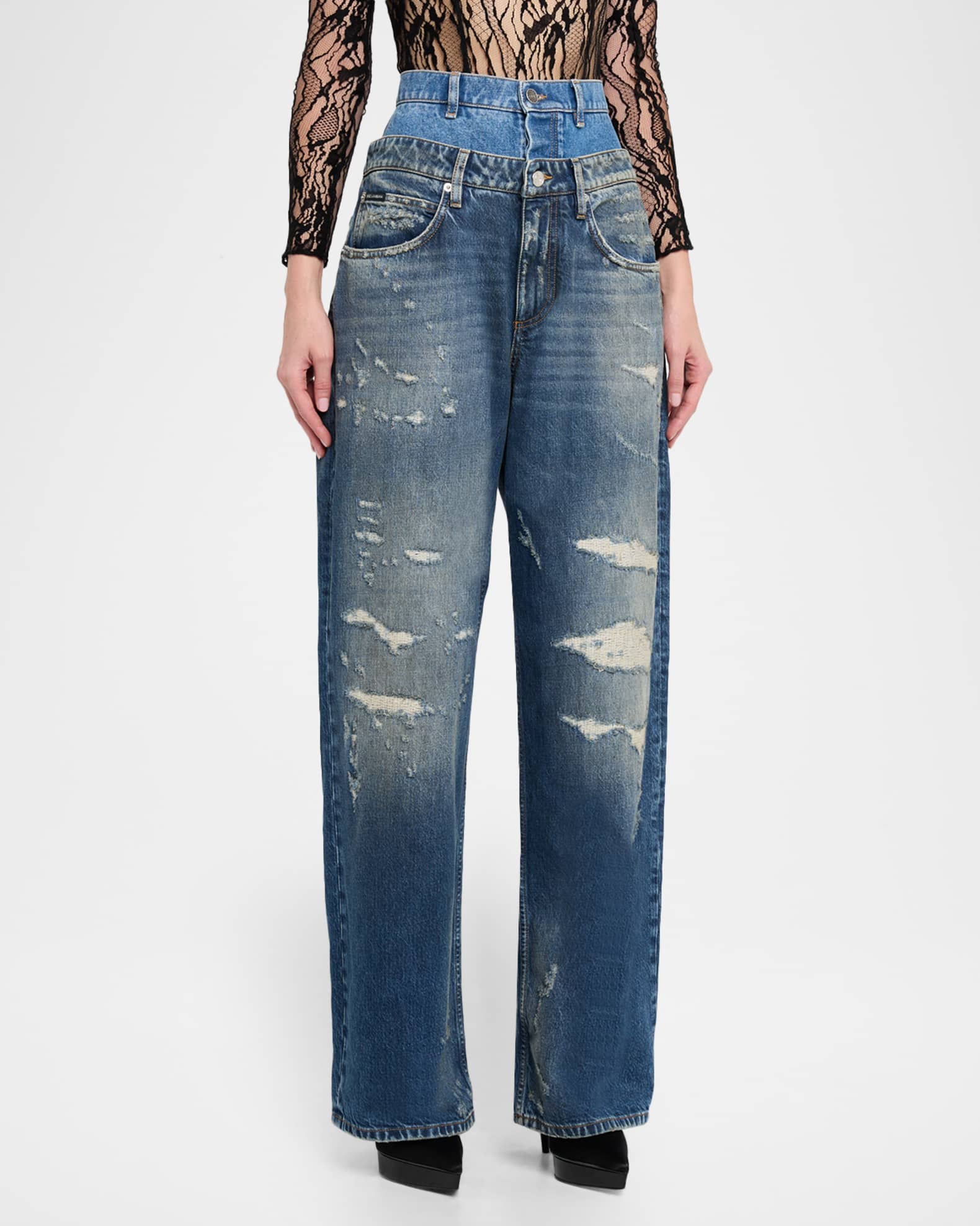 Dolce&Gabbana High-Rise Double Waistband Wide-Leg Distressed Jeans
