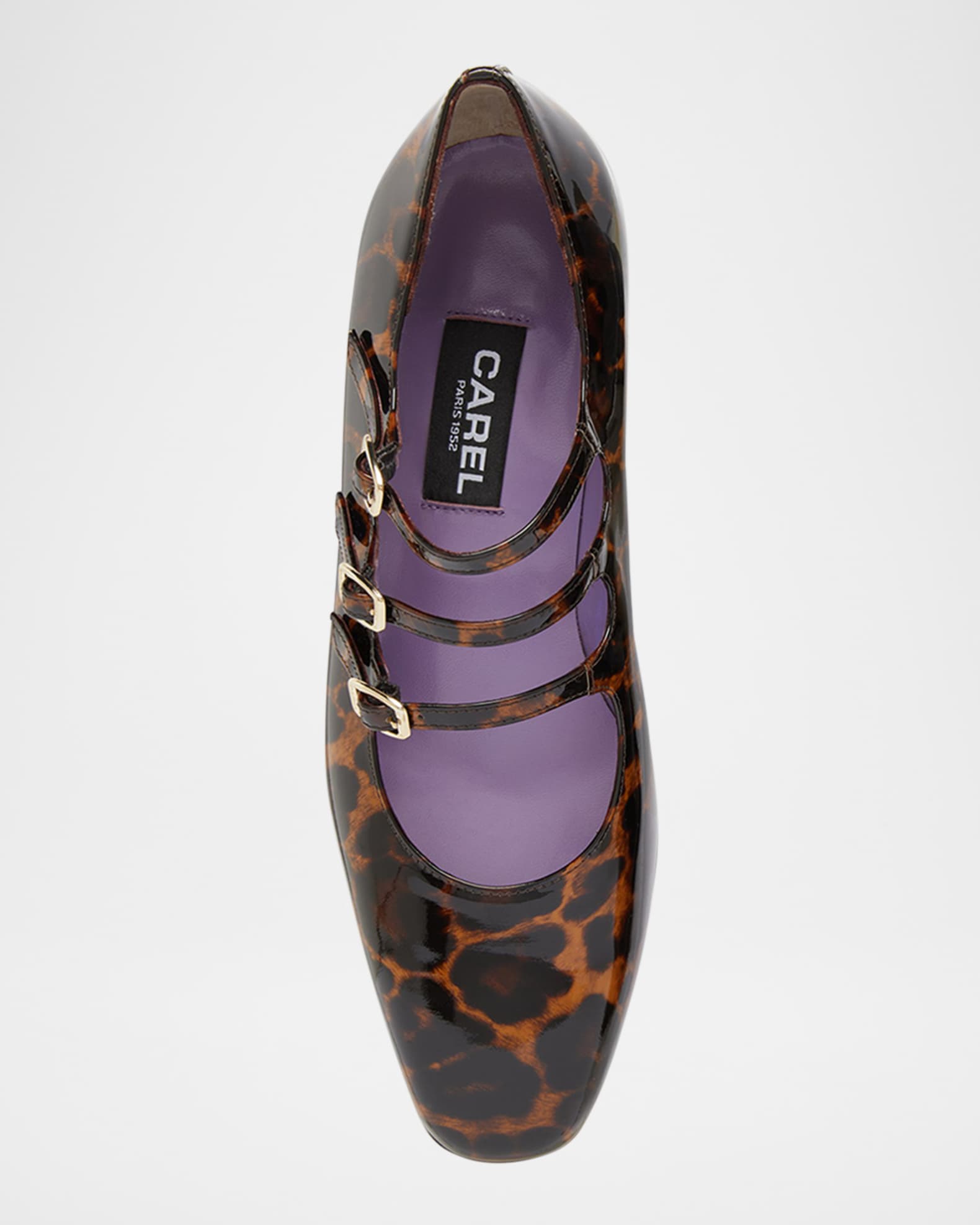 CAREL Kina Leopard Patent Leather Three-Strap Mary Jane Pumps