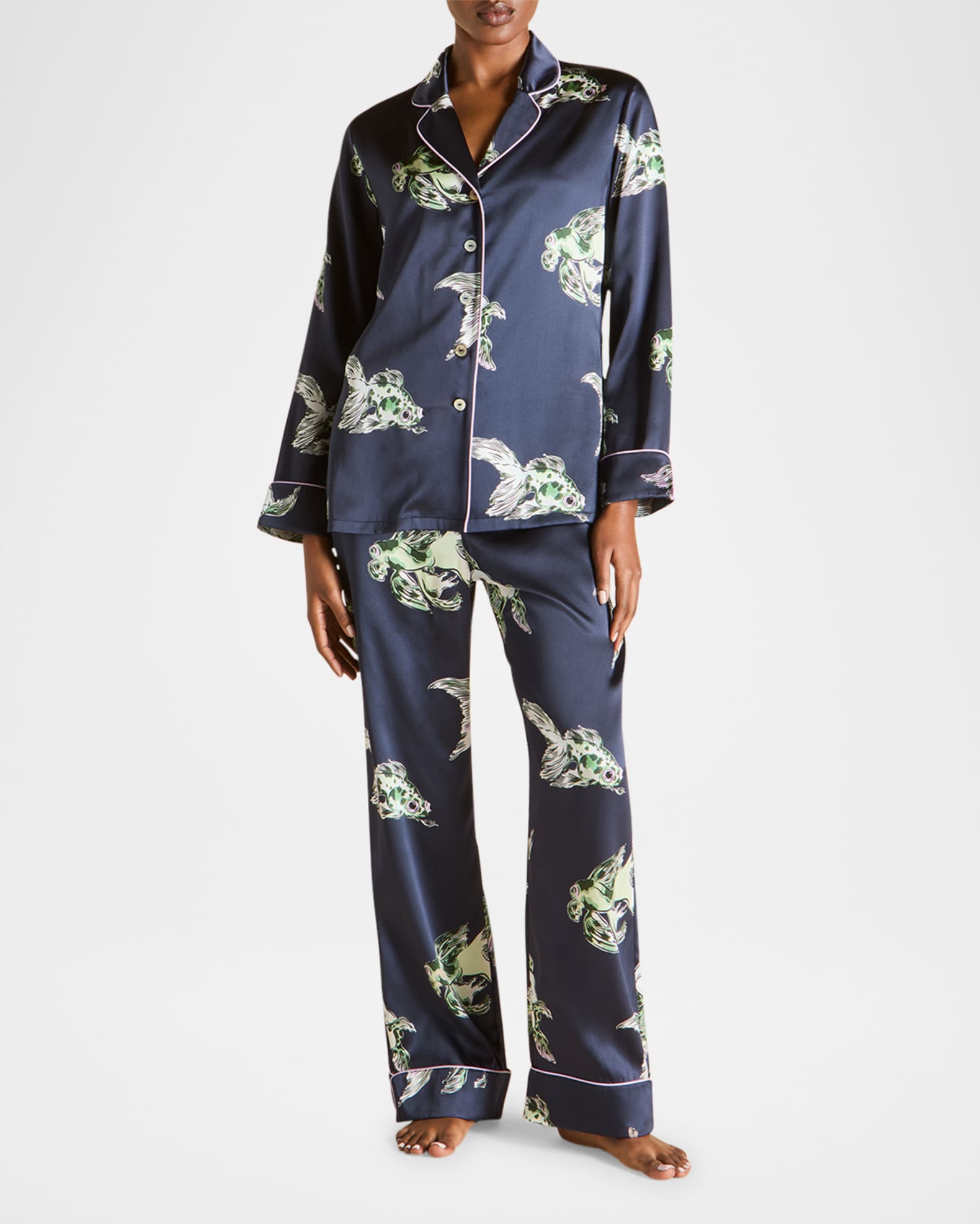 Lila Caspian Fish-Print Silk Pajama Set 1