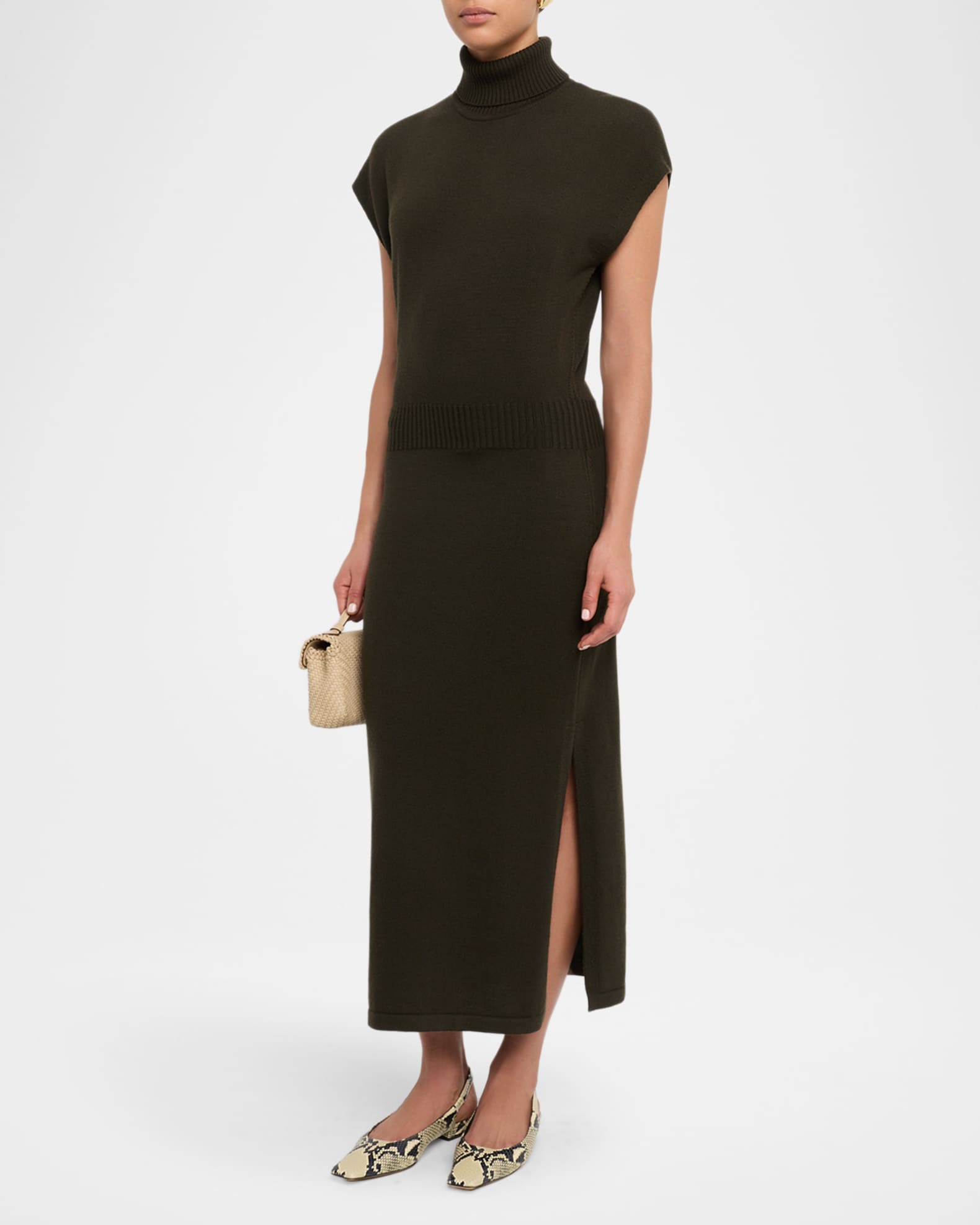 Ramy Brook Natalie Wool Short-Sleeve Turtleneck Midi Dress, Green, Women's, Small, Casual & Work Dresses Wool Dresses