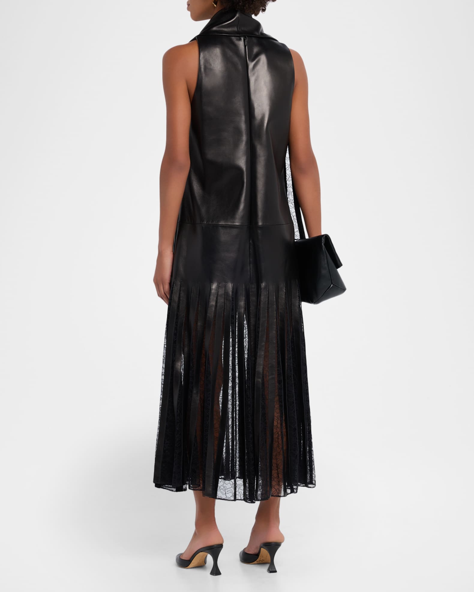 Brandon Maxwell The Blythe Lace-Inset Scarf-Neck Leather Maxi Dress, Black, Women's, 6, Casual & Work Dresses Maxi Dresses