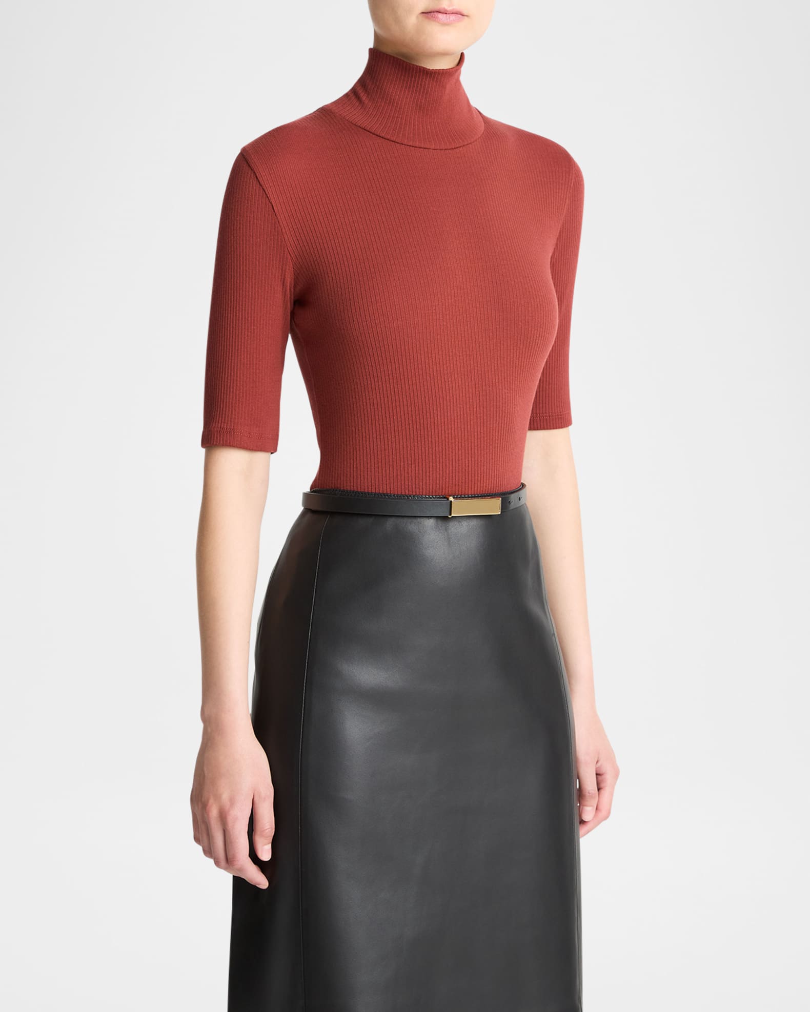 Ribbed Elbow-Sleeve Turtleneck Top 1