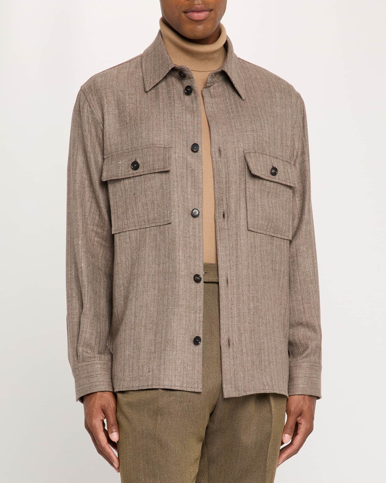 Loro Piana Men's Jim Wool and Linen Herringbone Overshirt