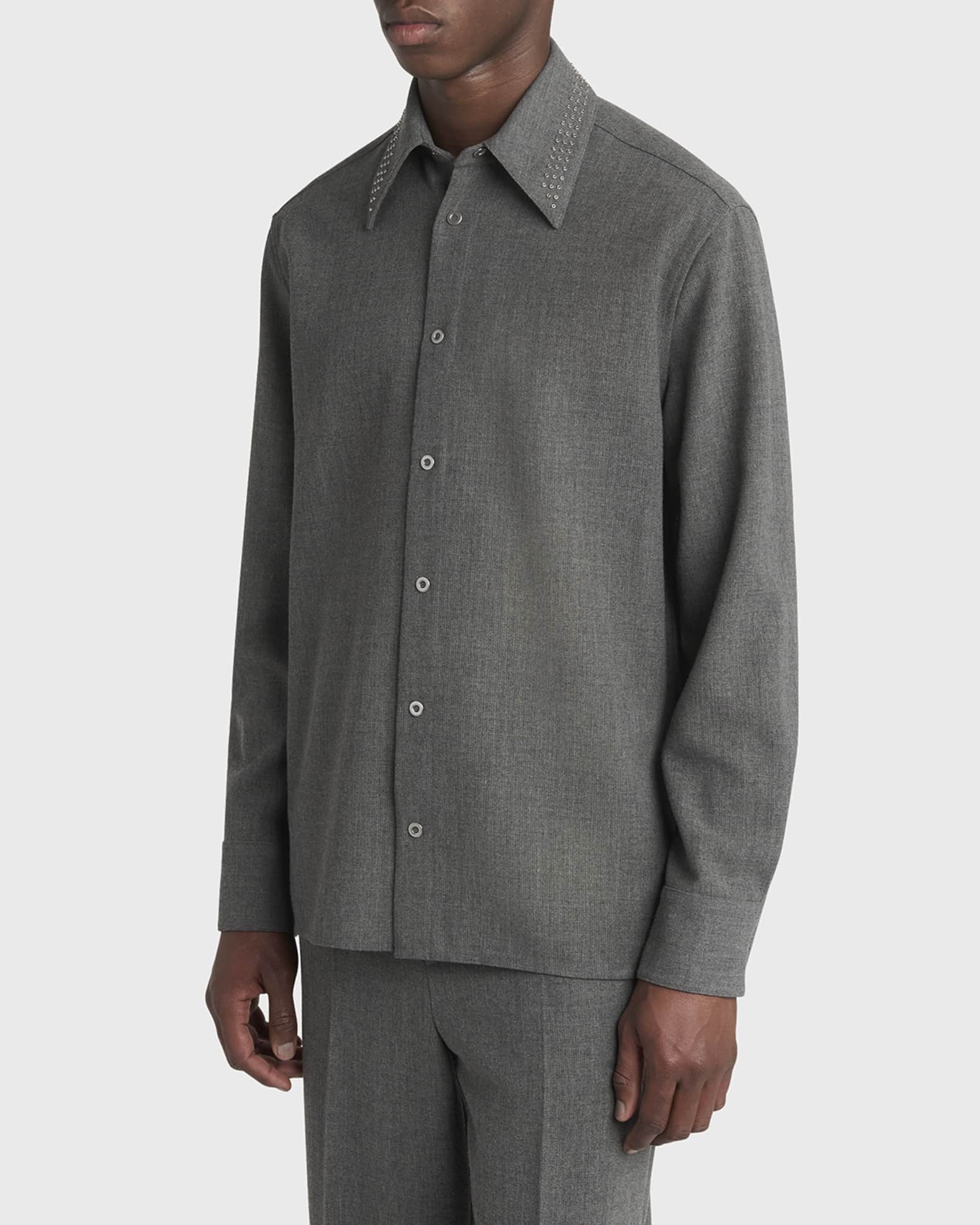 Jil Sander Men's Studded-Collar Wool Button-Down Shirt | Neiman Marcus