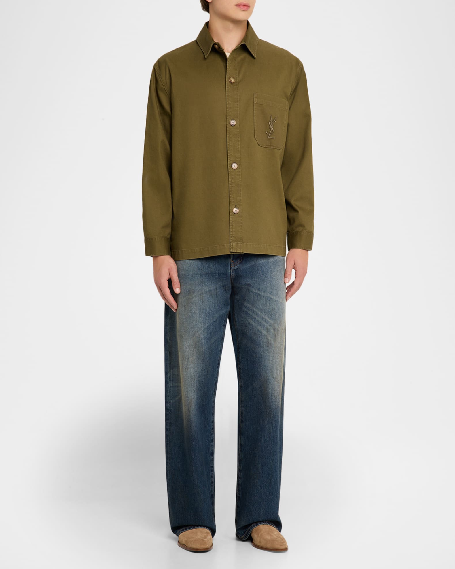 Saint Laurent Men's Denim YSL Pocket Overshirt, Chartruese, Men's, M, Shirts Tops Overshirts & Shirt Jackets