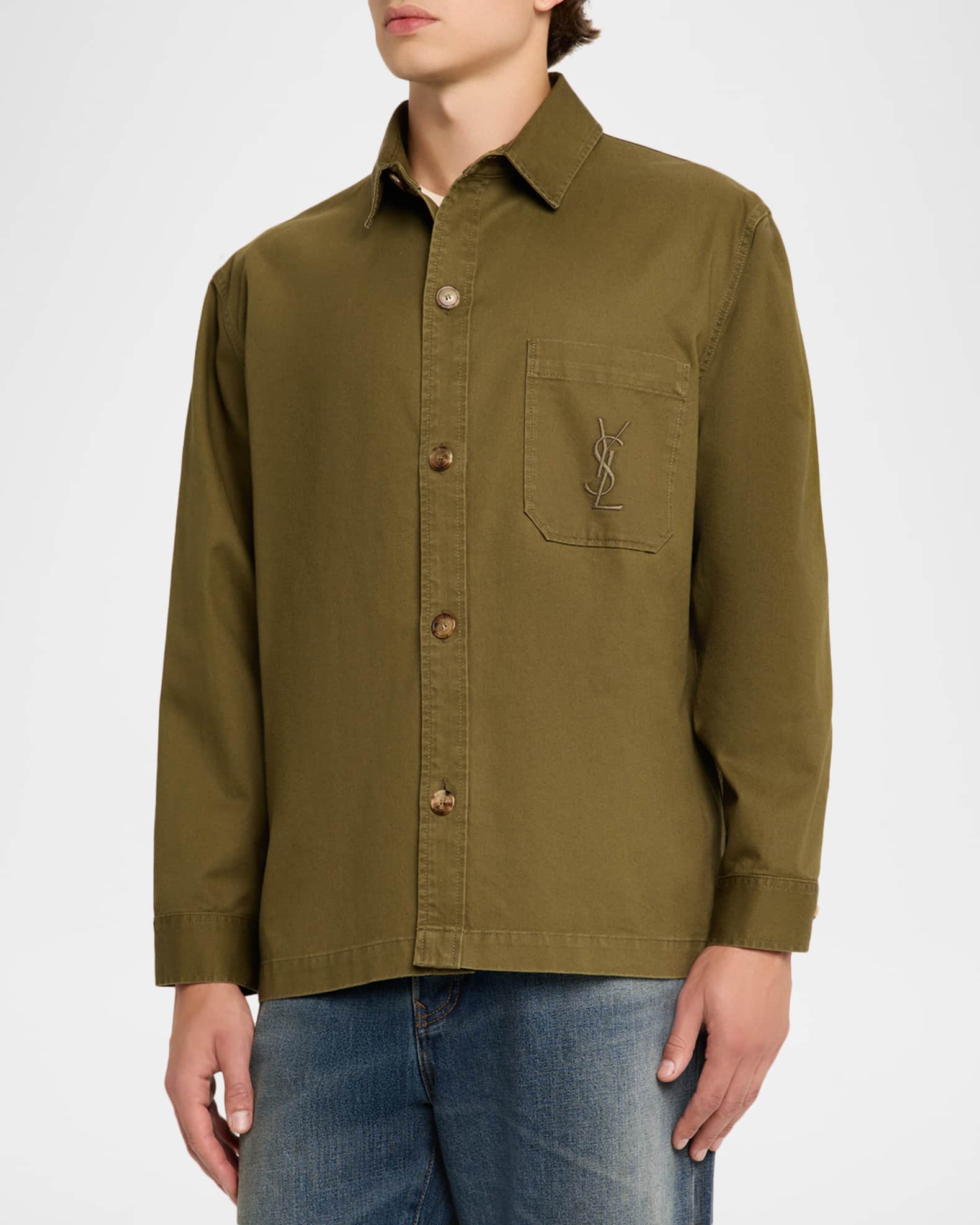 Saint Laurent Men's Denim YSL Pocket Overshirt Neiman Marcus