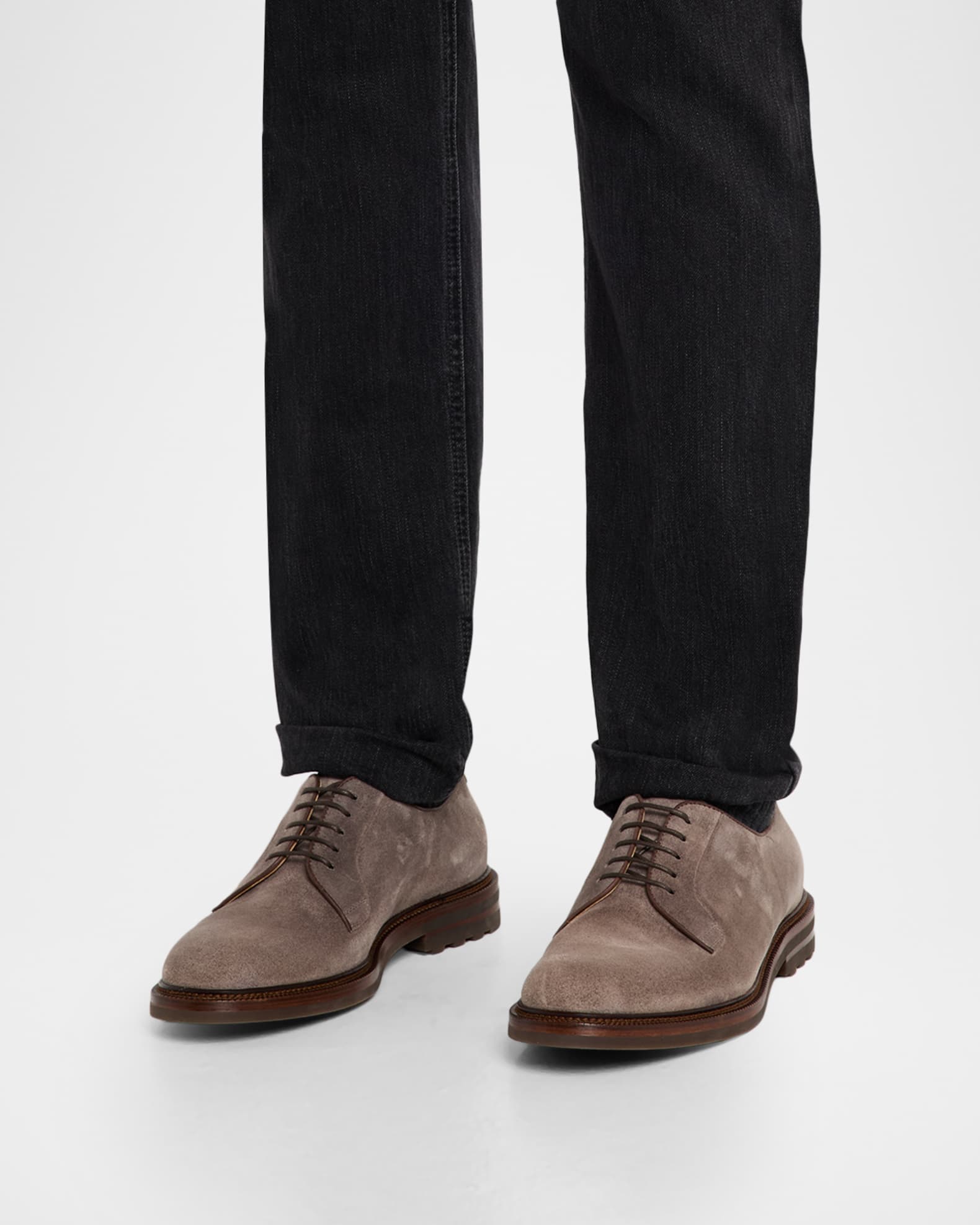 Brunello Cucinelli Men's Suede Lug-Sole Derby Shoes | Neiman Marcus