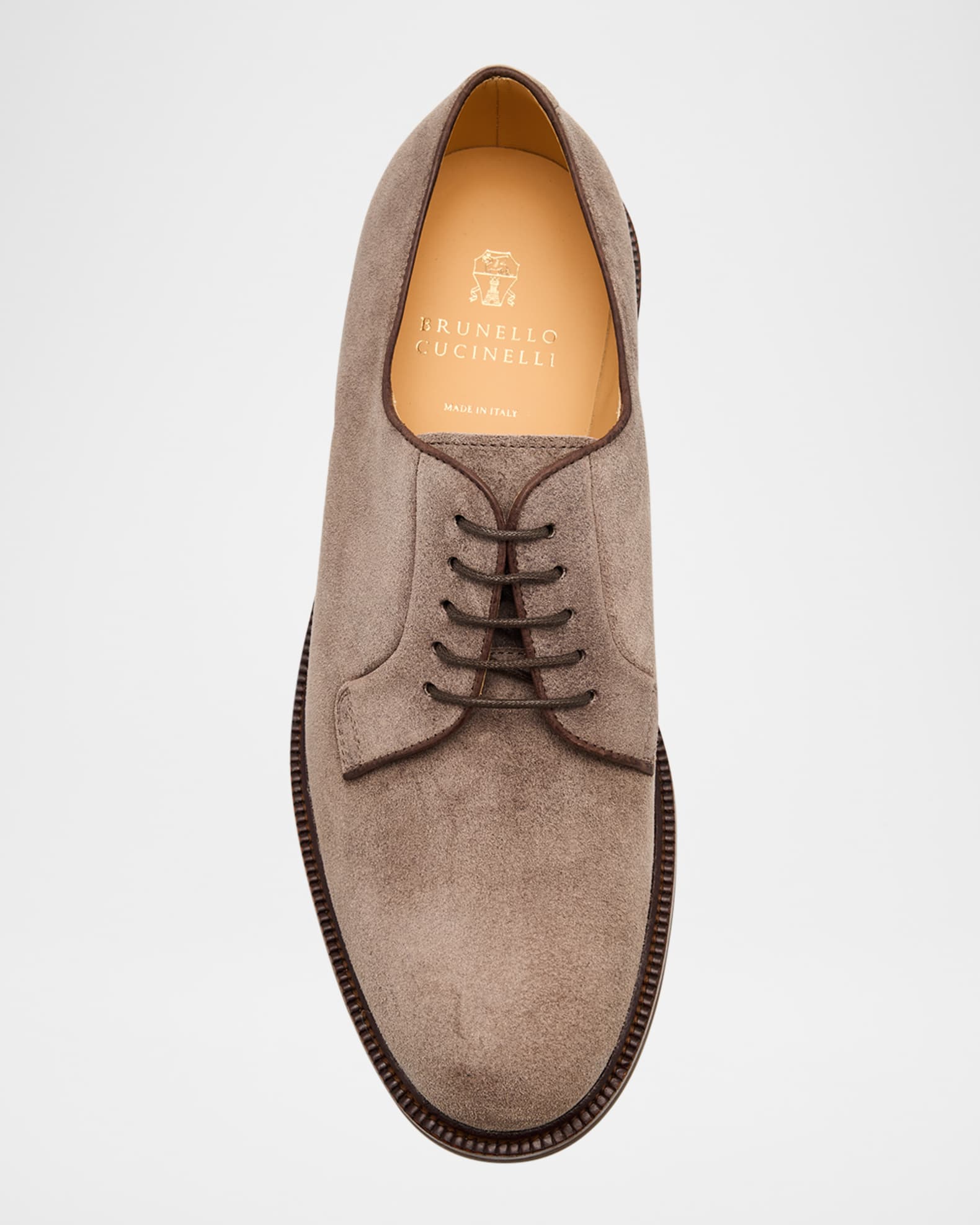 Brunello Cucinelli Men's Suede Lug-Sole Derby Shoes | Neiman Marcus