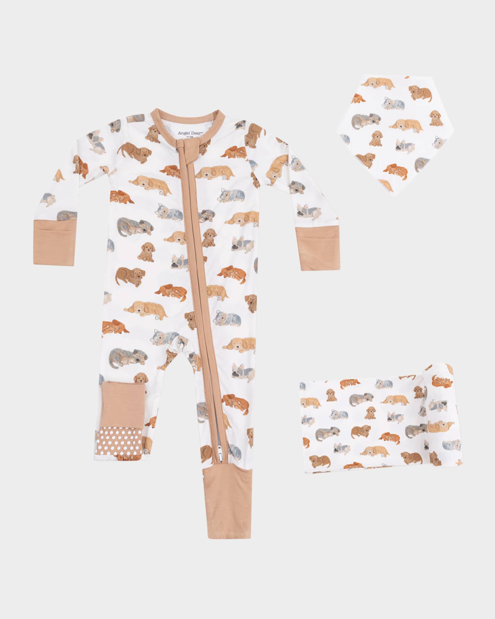 Boy's Napping Puppies 2-Way Zip Footie Romper, Swaddle Blanket & Bandana Bib, Size 0M-24M 0