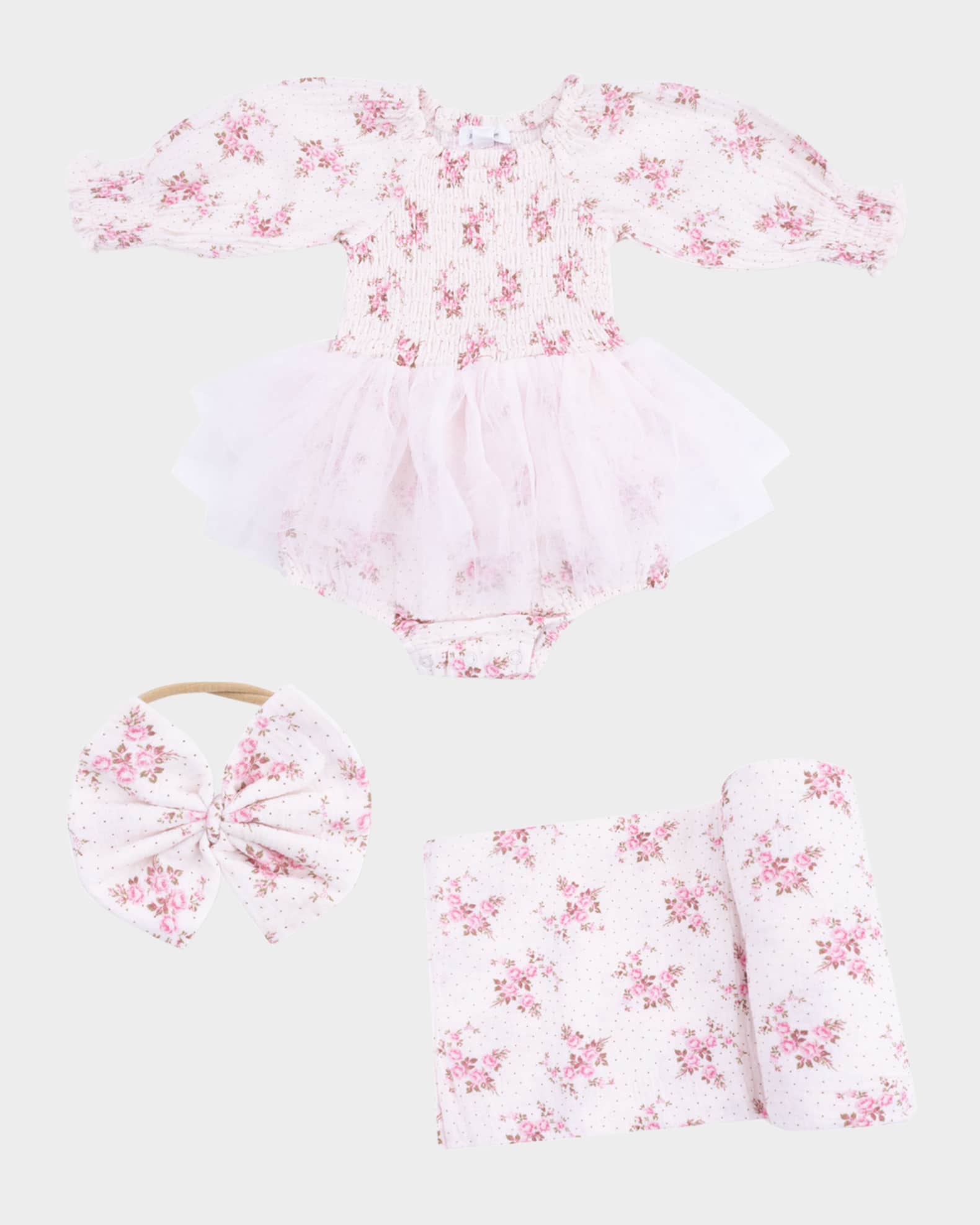 Girl's 3-Piece Belle Rosette Tutu Bodysuit Set, Size 3M-24M 0
