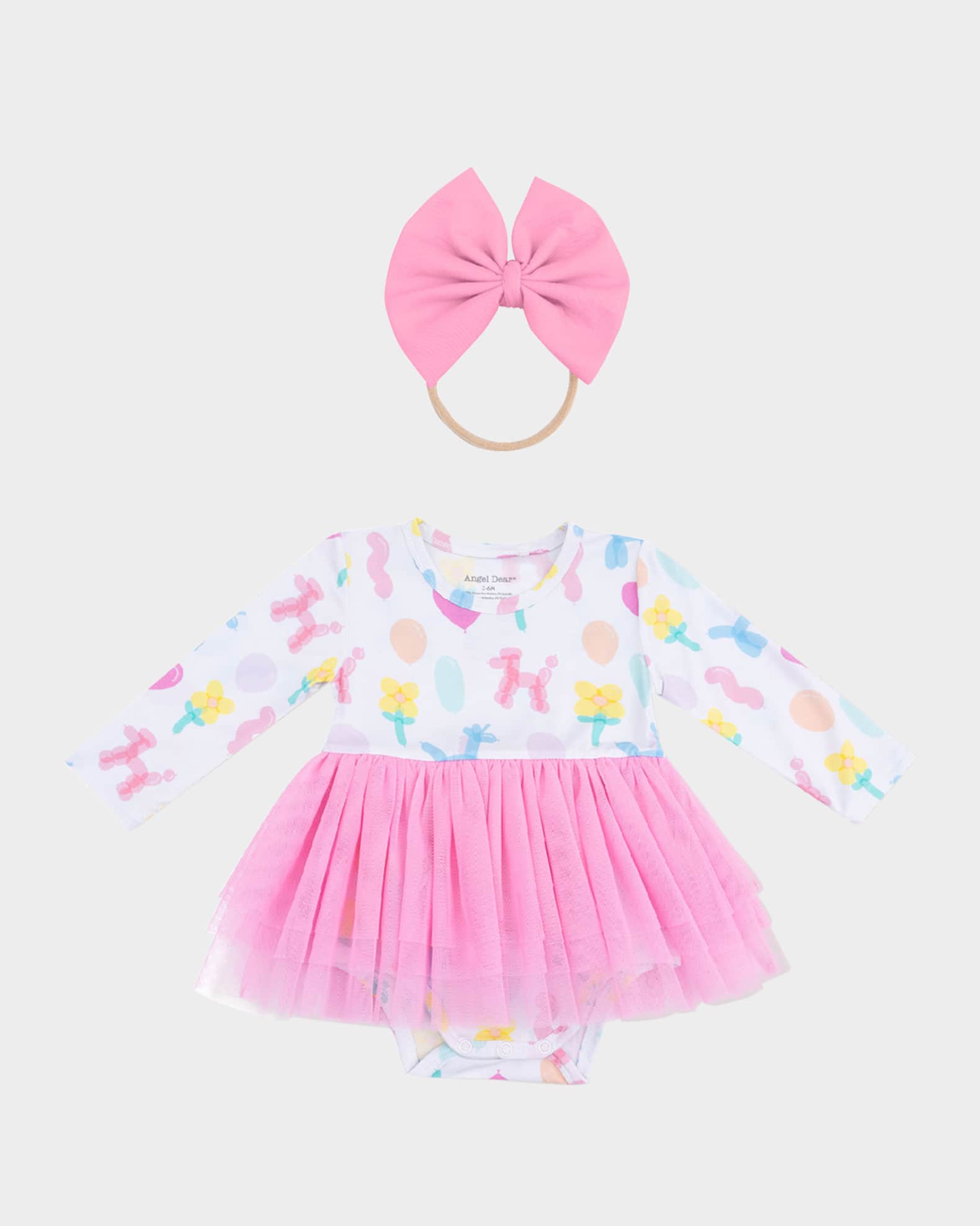 Girl's Balloon Animals Long-Sleeve Tutu Bodysuit and Headband Set, Size 3M-24M 0